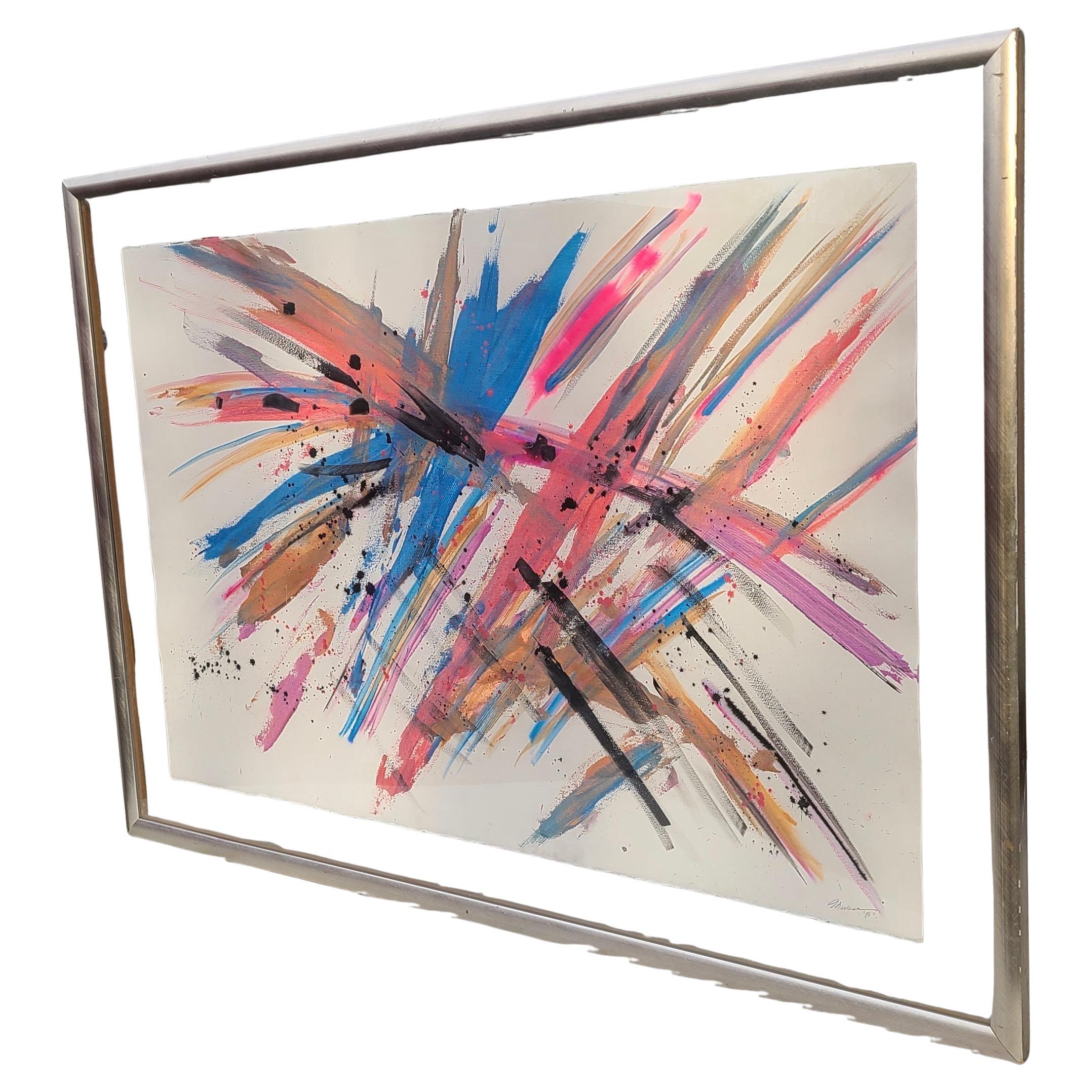 Grande peinture expressionniste abstraite lumineuse sur papier 1986