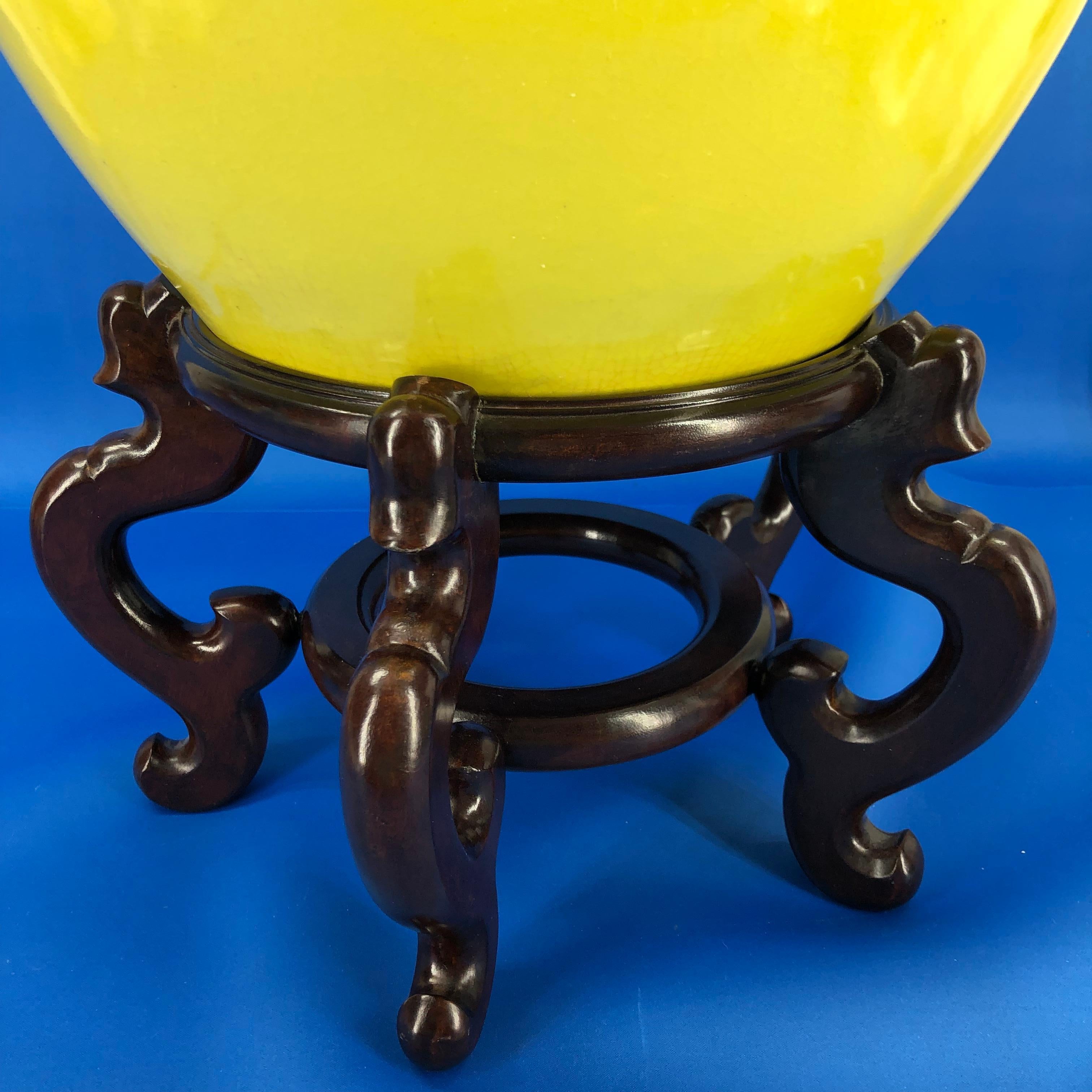 Large Bright Yellow Hand Painted Porcelain Jardinière Bowl on a Wooden Stand For Sale 2