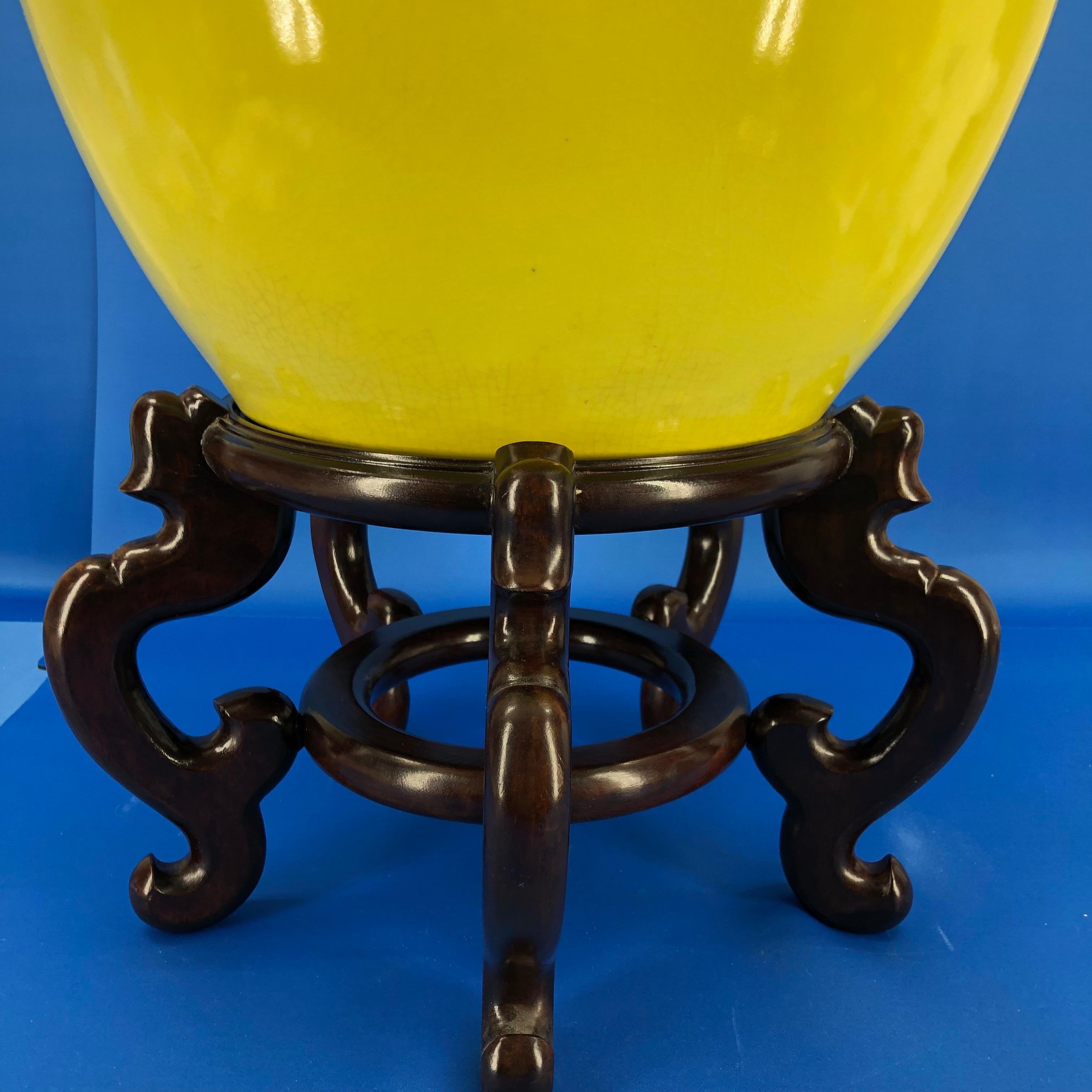 Large Bright Yellow Hand Painted Porcelain Jardinière Bowl on a Wooden Stand For Sale 6