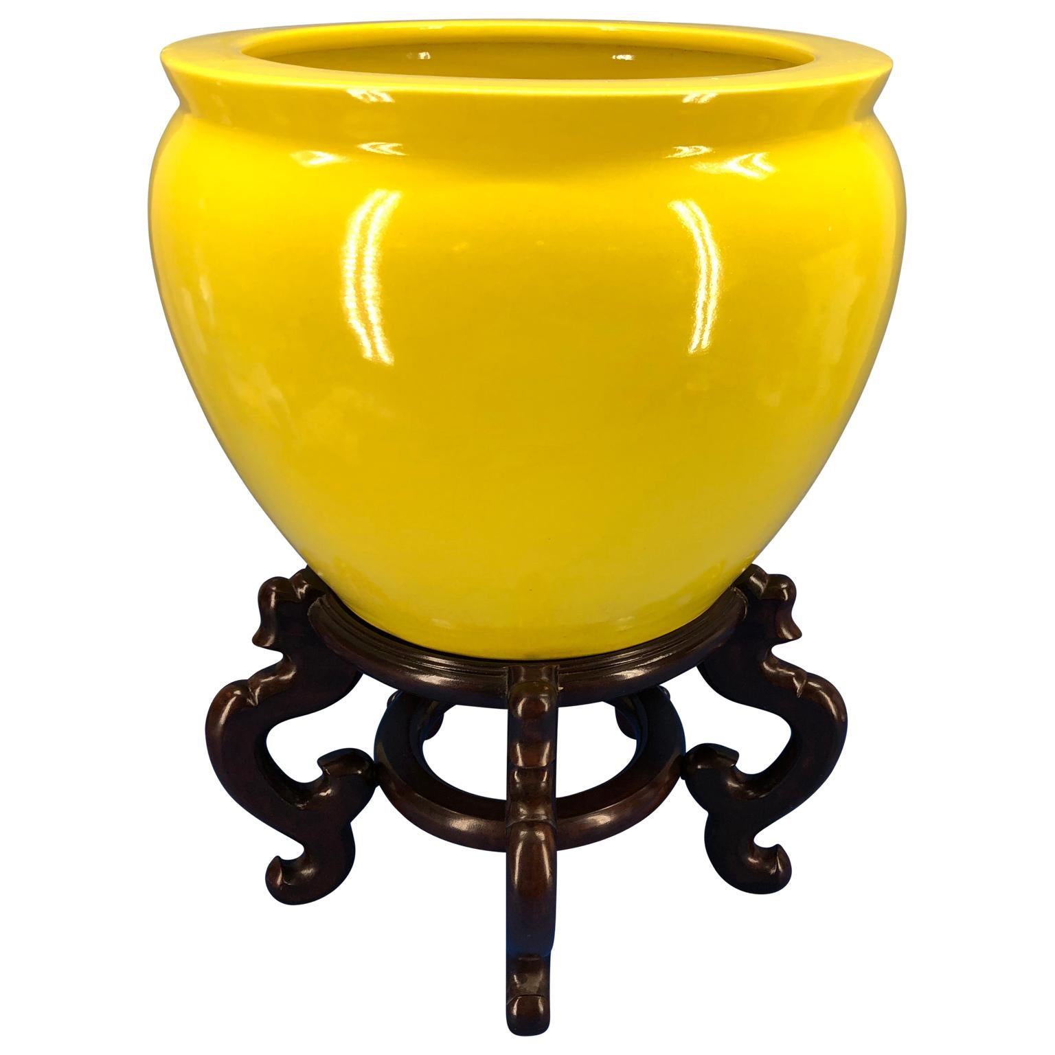 Hand-Crafted Large Bright Yellow Hand Painted Porcelain Jardinière Bowl on a Wooden Stand For Sale