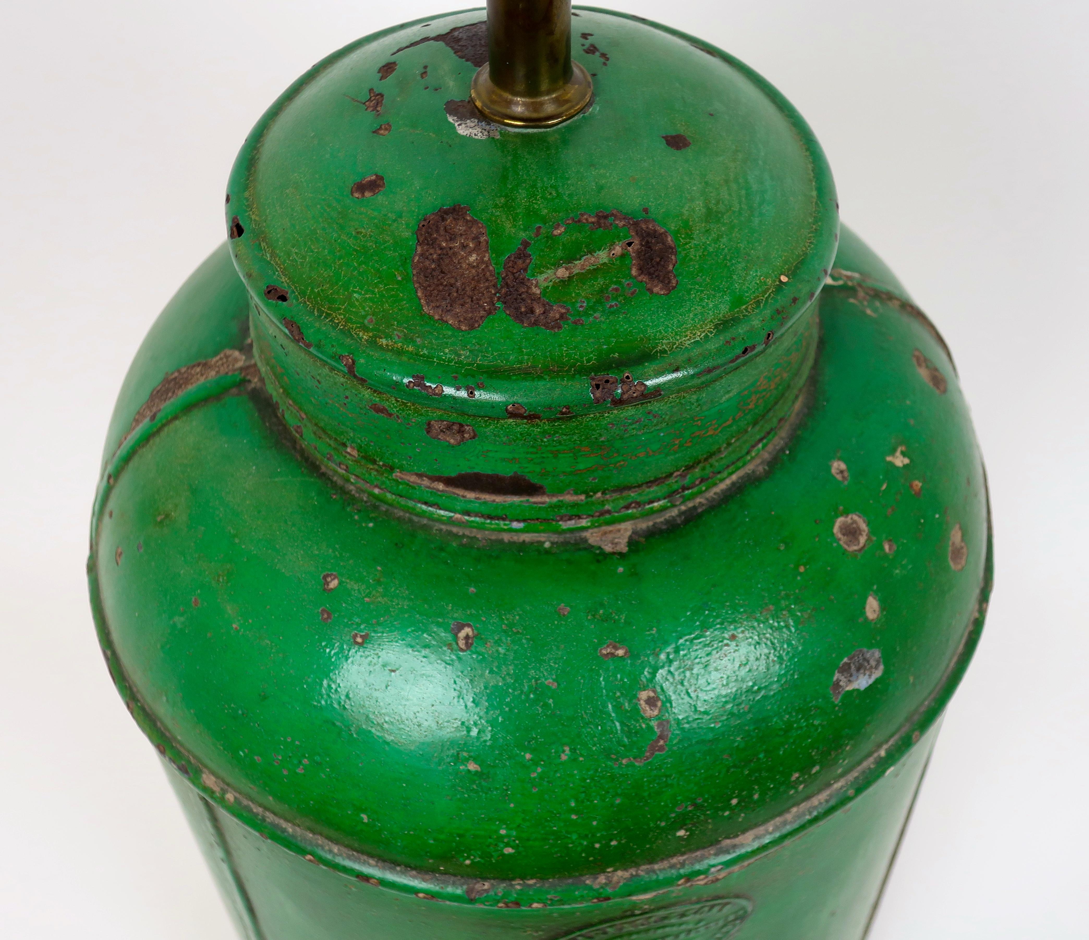 Large Brilliant Green Tin Canister Lamp In Fair Condition In Carmel, CA