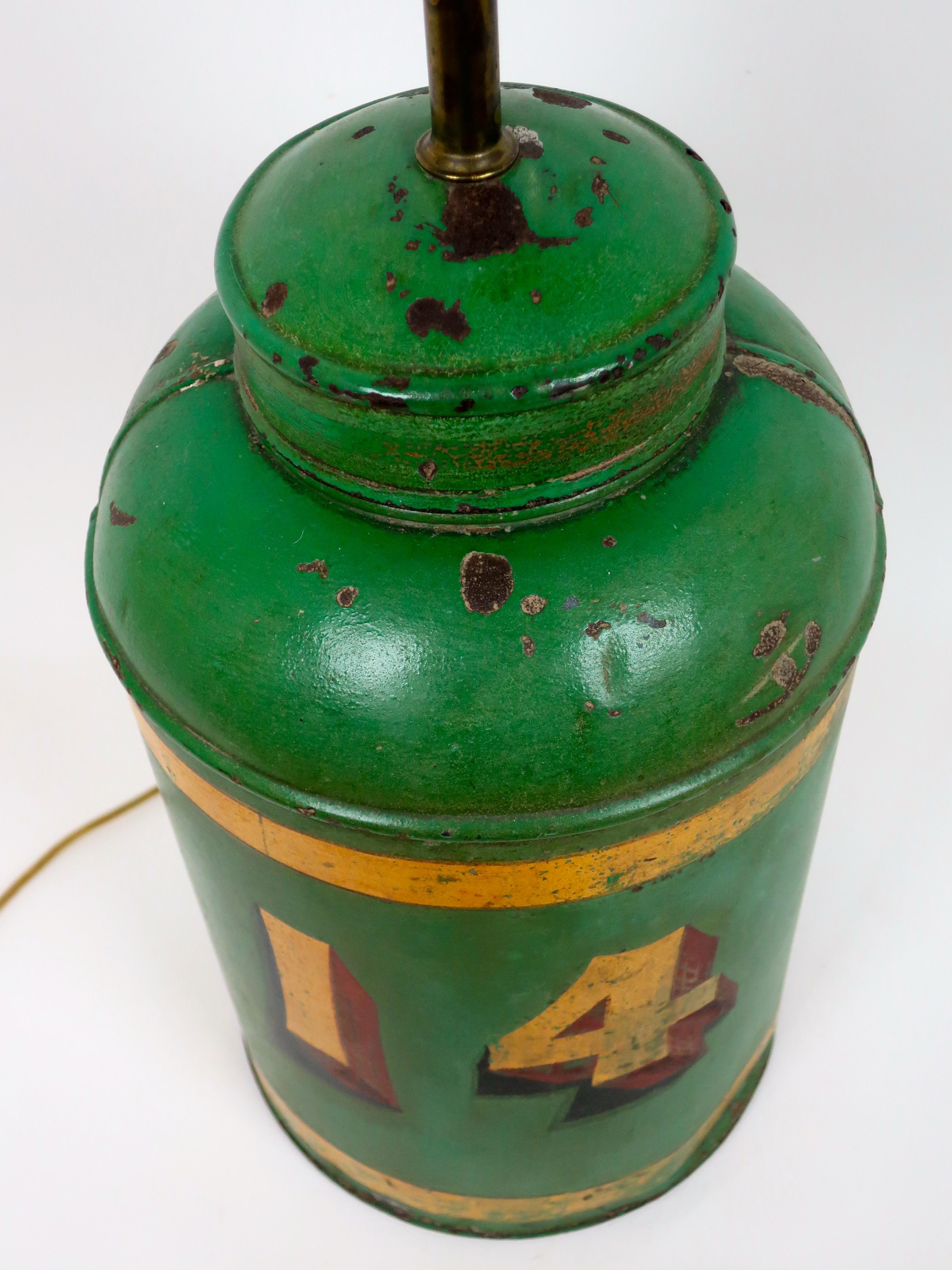 19th Century Large Brilliant Green Tin Canister Lamp