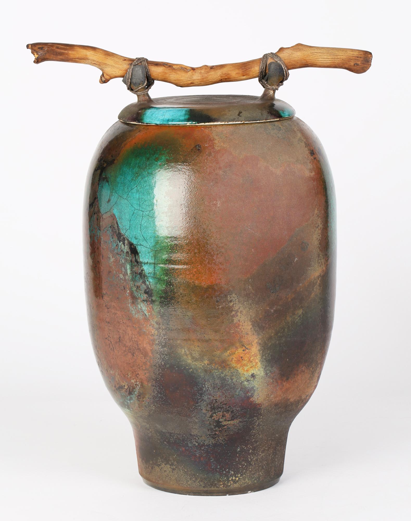 Large British Attributed Impressive Studio Pottery Raku Glazed Lidded Signed Jar 6