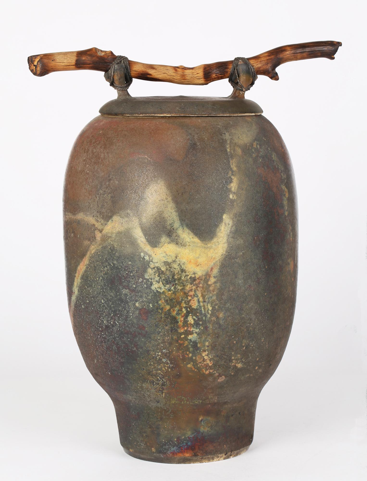 Hand-Crafted Large British Attributed Impressive Studio Pottery Raku Glazed Lidded Signed Jar