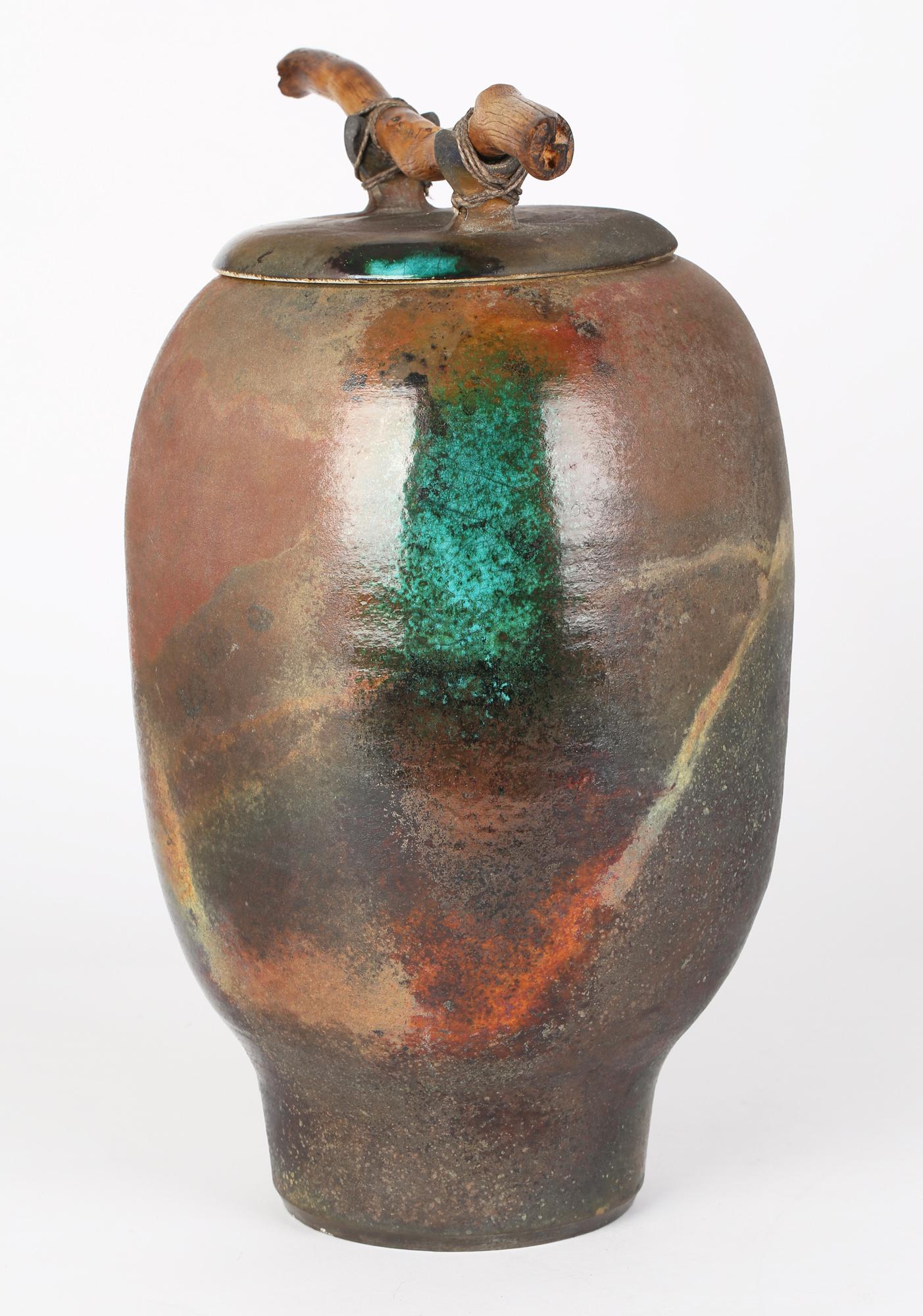 20th Century Large British Attributed Impressive Studio Pottery Raku Glazed Lidded Signed Jar