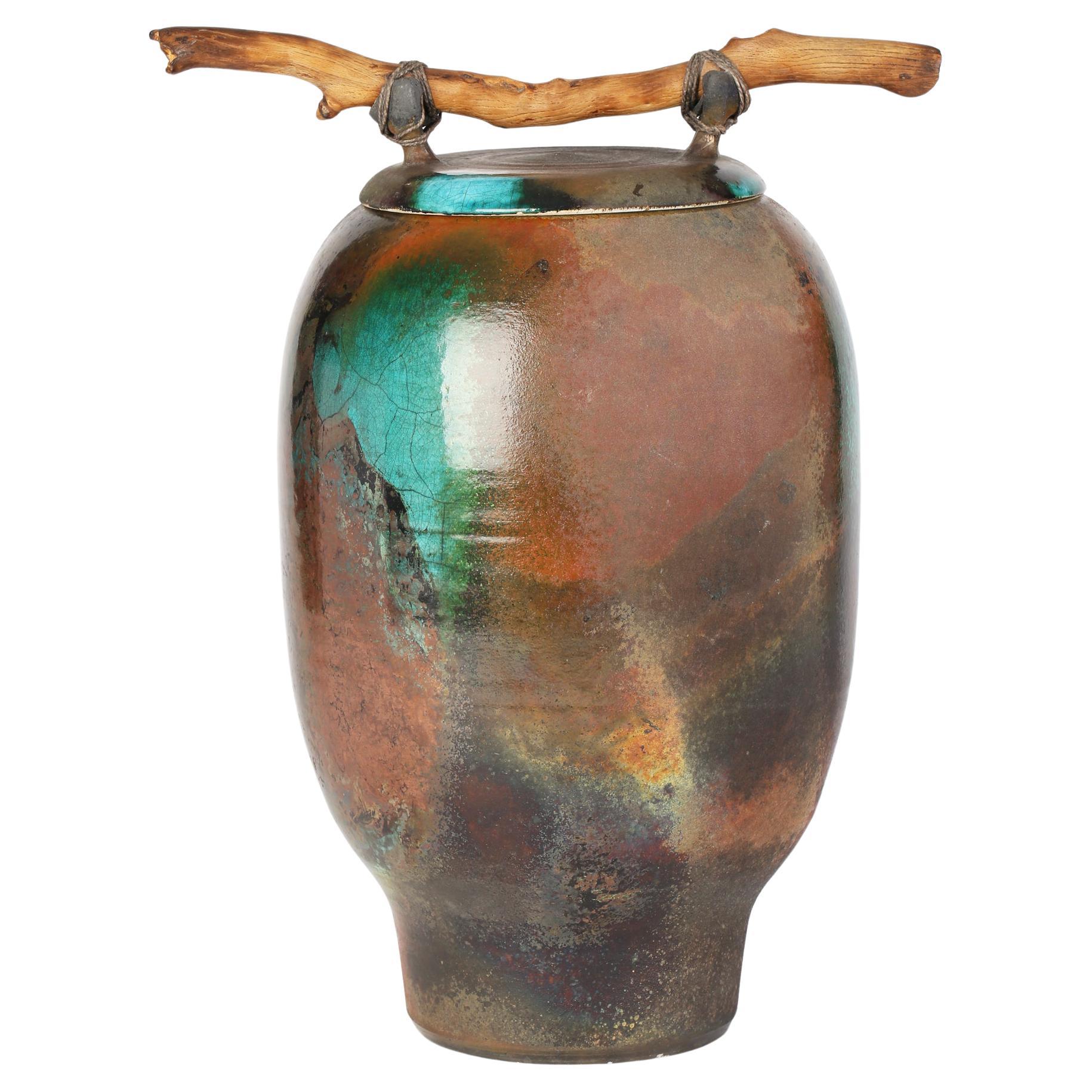 Large British Attributed Impressive Studio Pottery Raku Glazed Lidded Signed Jar