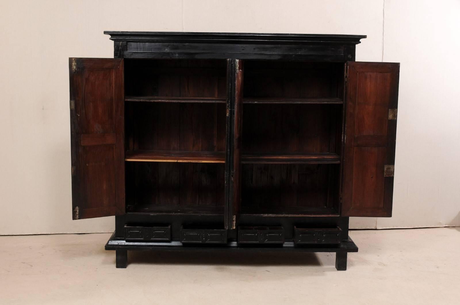 British Colonial Ebonized Wood Cabinet w/Four Paneled Doors, 6 ft x 6.5 ft Tall  1