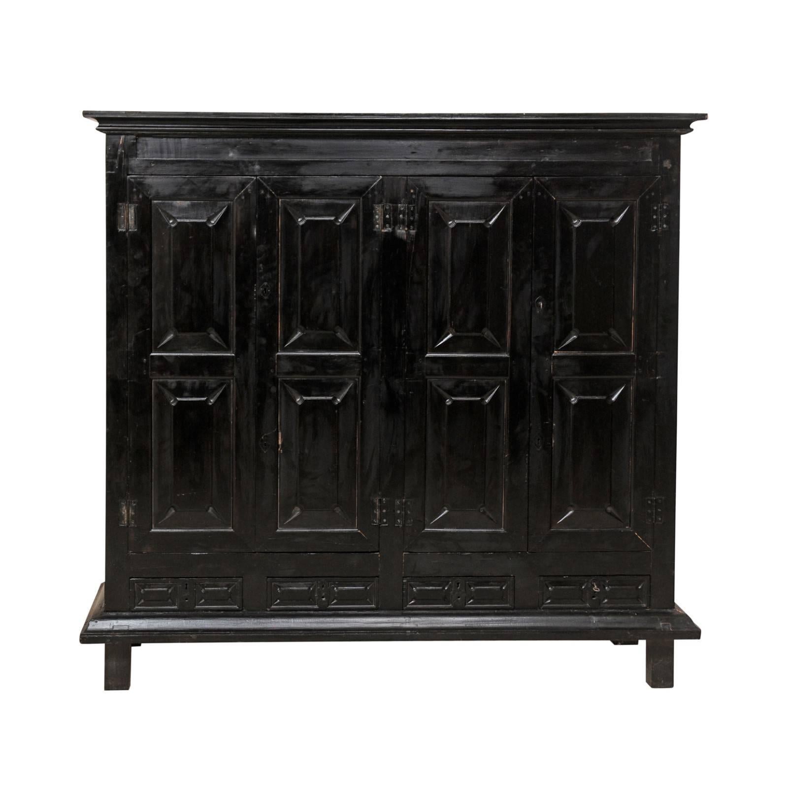British Colonial Ebonized Wood Cabinet w/Four Paneled Doors, 6 ft x 6.5 ft Tall 
