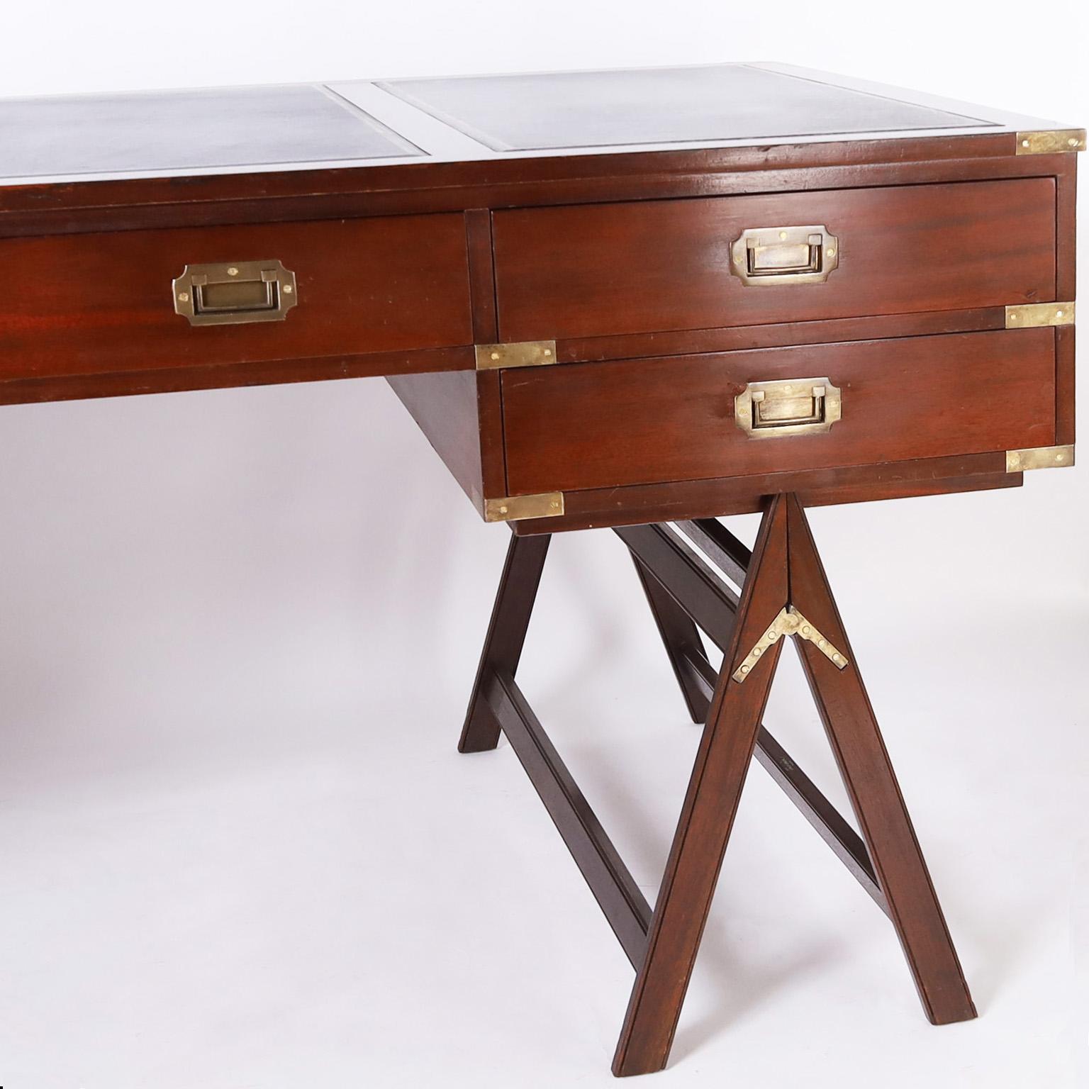 American Large British Colonial Style Campaign Leather Top Desk