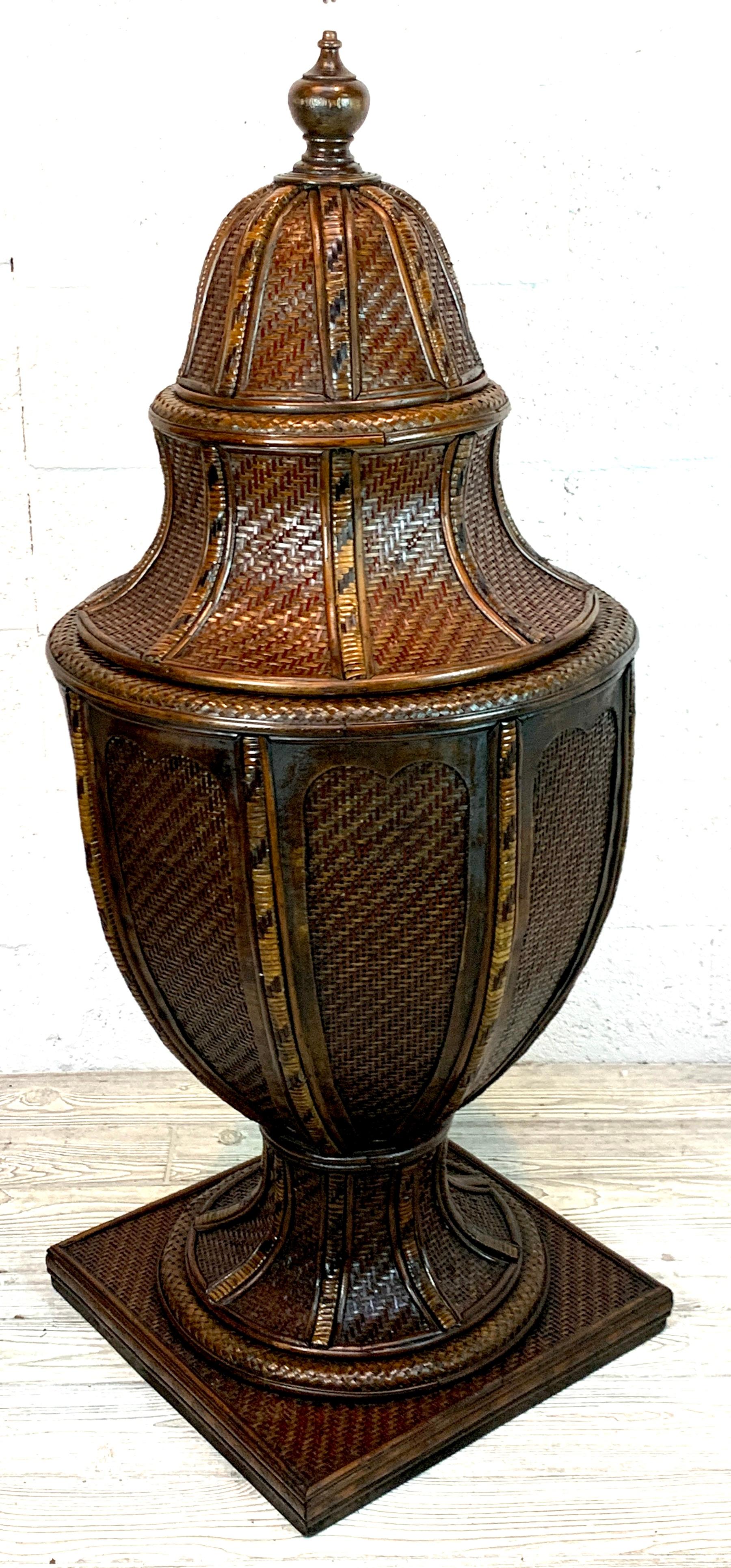 Stained Large British Colonial Style Rattan and Wicker Urn