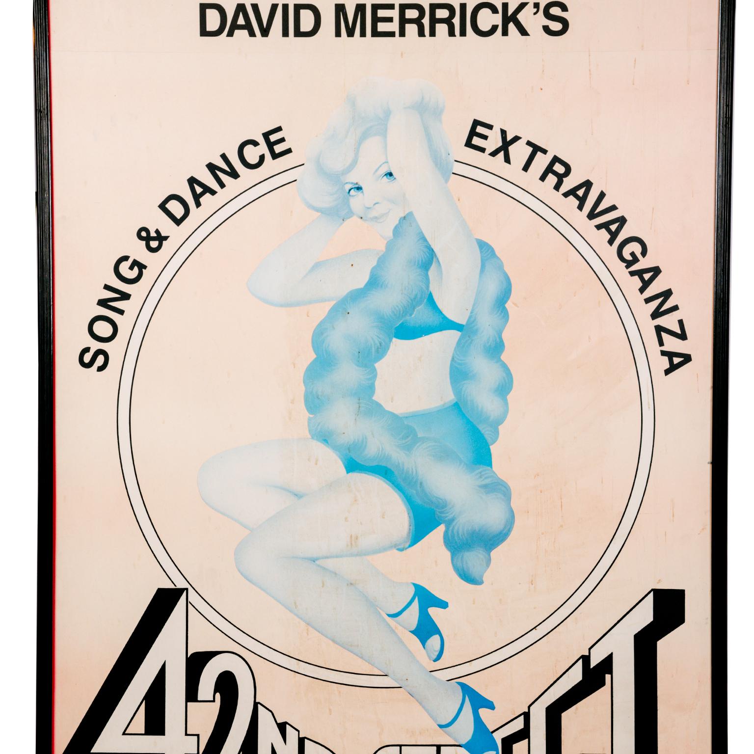 An impressive and large original advertising poster from producer David Merrick’s 1980 production of the award winning Broadway musical 42 Street. It is framed on board and in an dark wood frame.
“The 1980 Broadway production won the Tony Awards