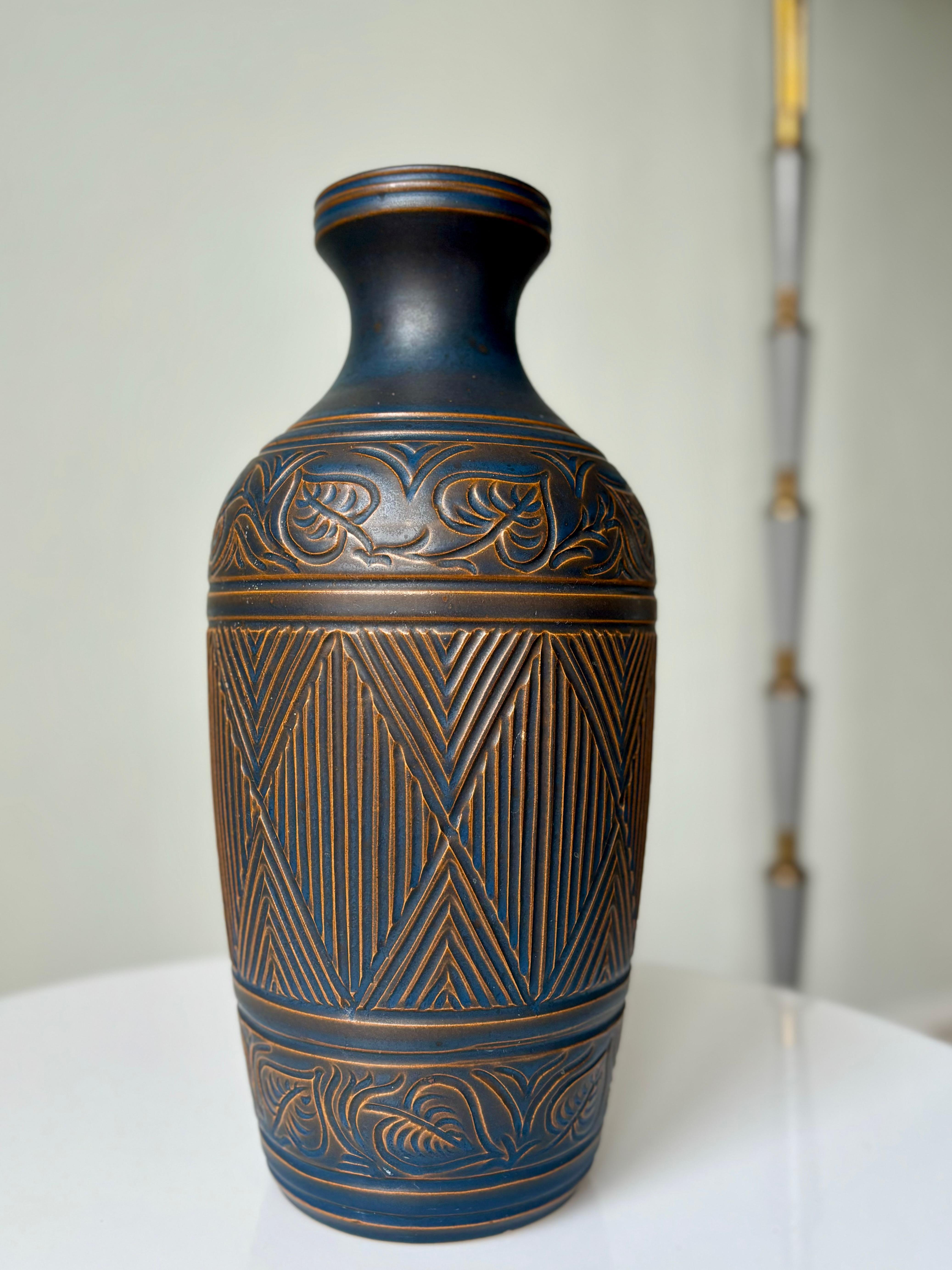 Hand-Carved Large Bromølle Art Deco Decor Ceramic Vase, 1960s For Sale