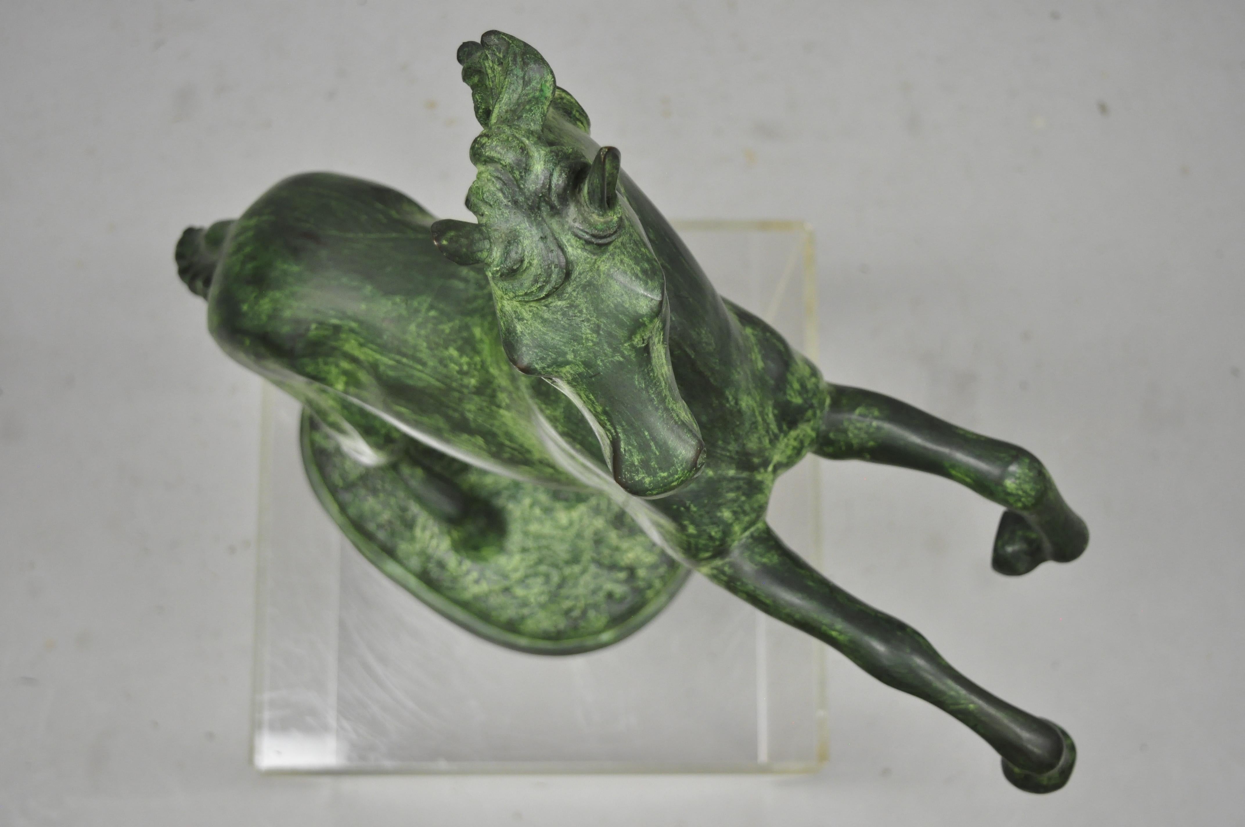 20th Century Large Bronze Rearing Horse Sculpture Statue Green Verdigris Malachite Finish