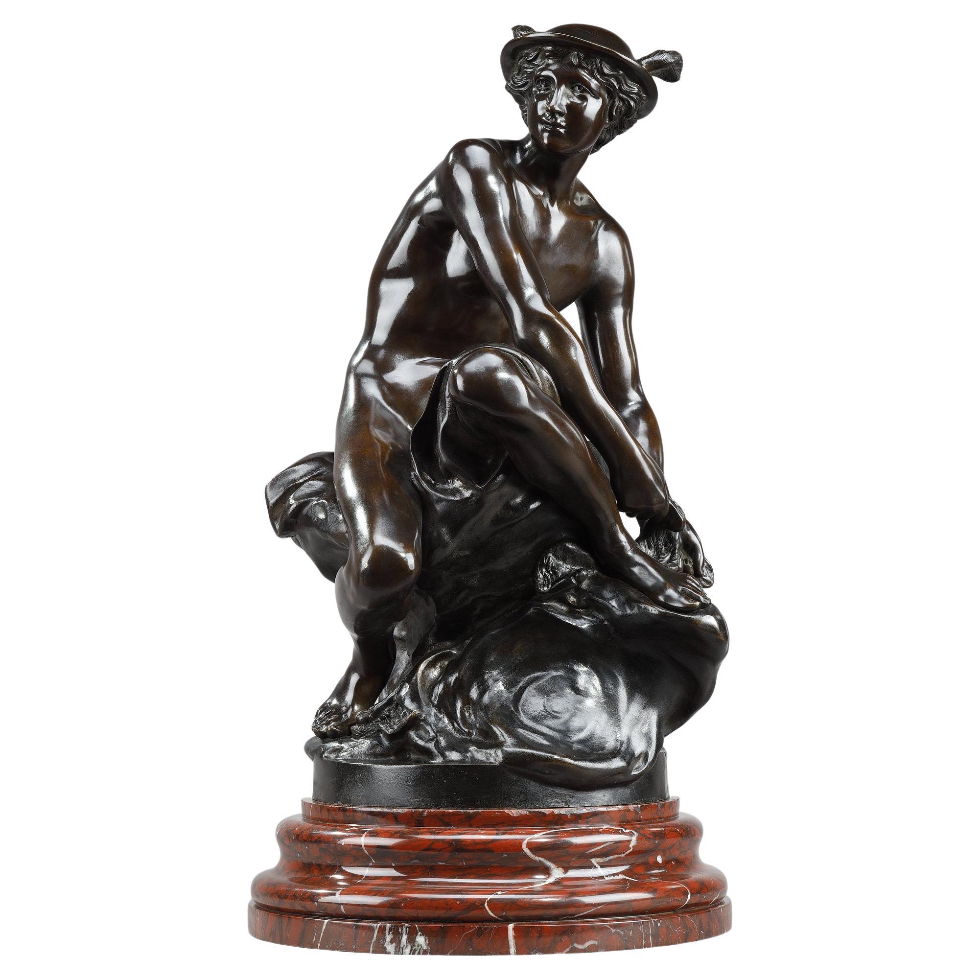 Large bronze after Pigalle, "Mercure attachant ses talonnières", 19th century For Sale