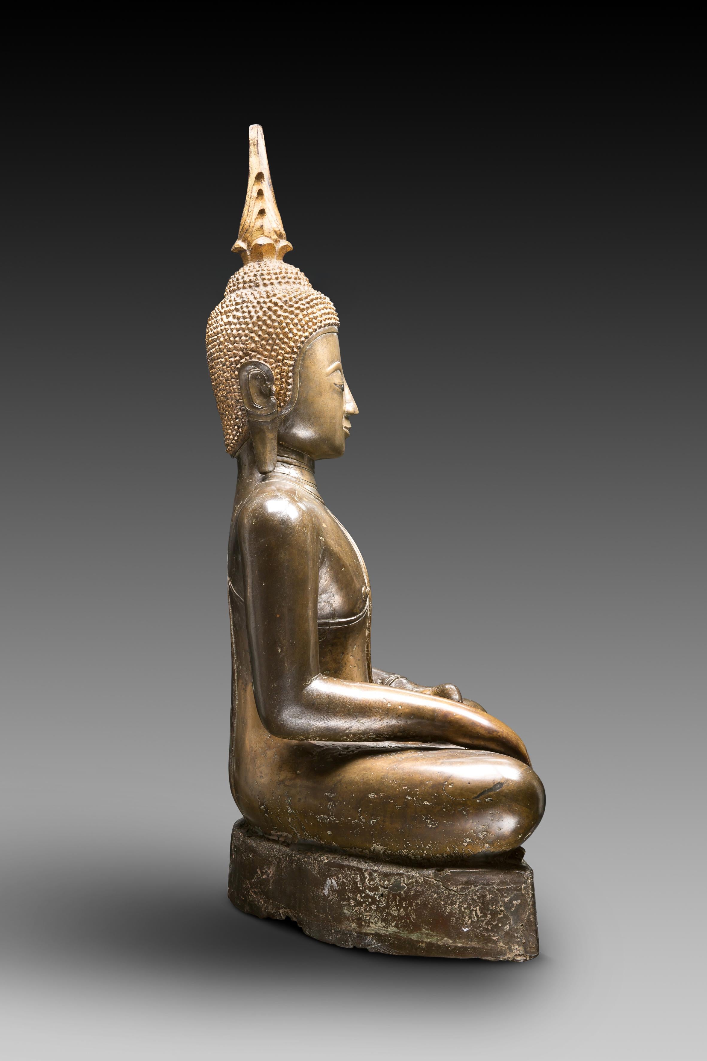 Laotian Large Bronze Alloy Figure of Buddha Maravijaya For Sale