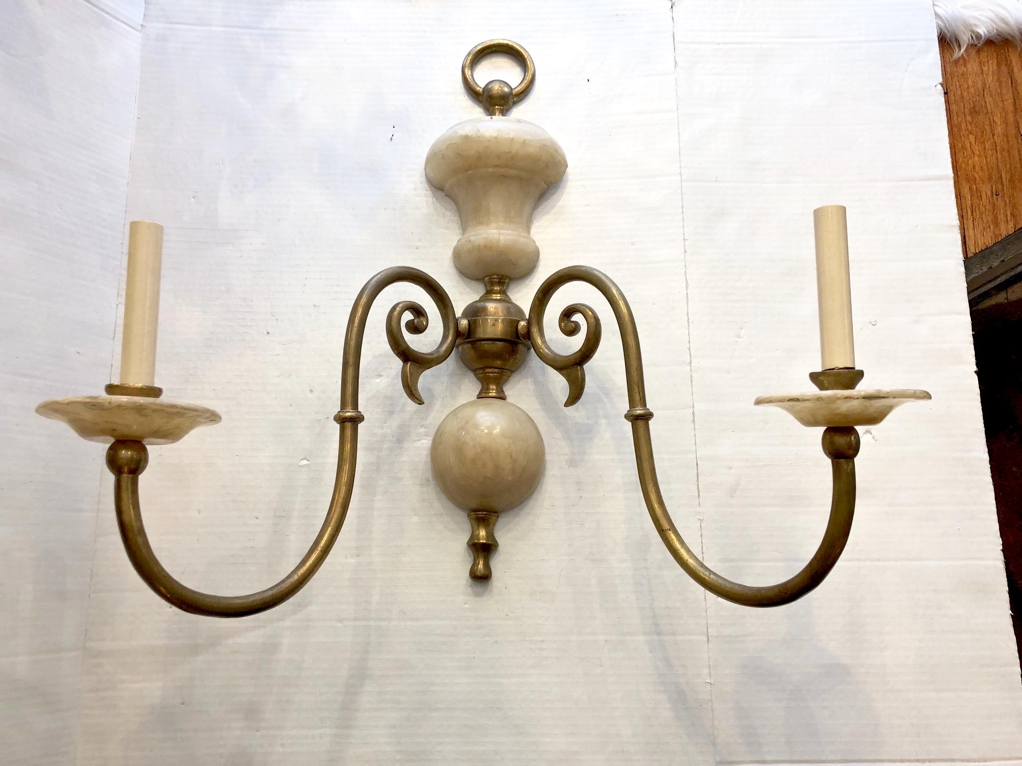 Large Bronze and Alabaster Sconces For Sale 2