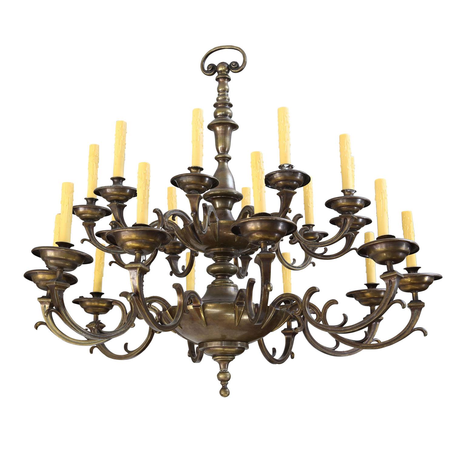 Cast Large Bronze and Brass Belgian Chandelier