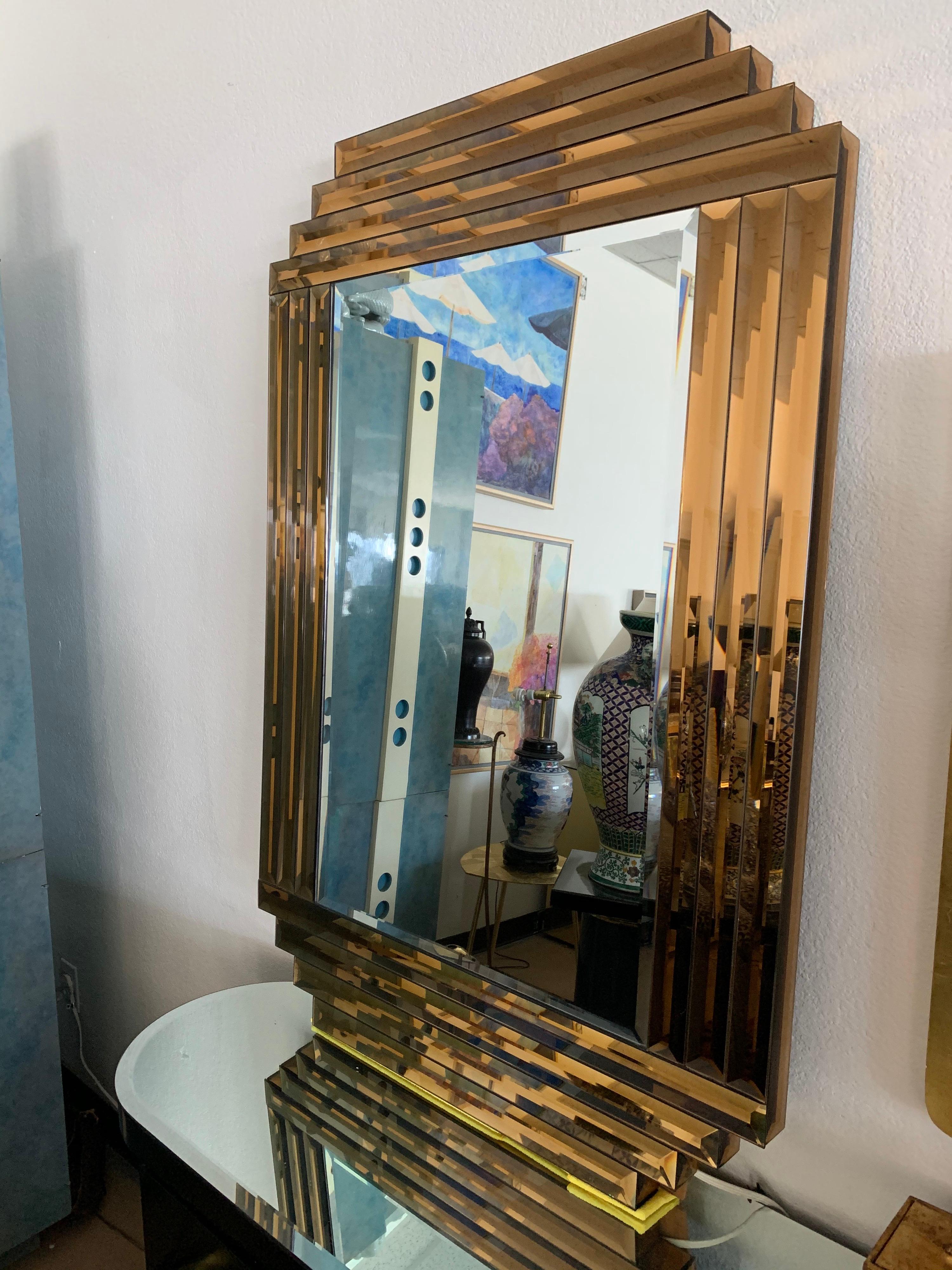Large Bronze and Clear Vintage “Dynasty” Mirror, 1980s In Good Condition In Palm Springs, CA