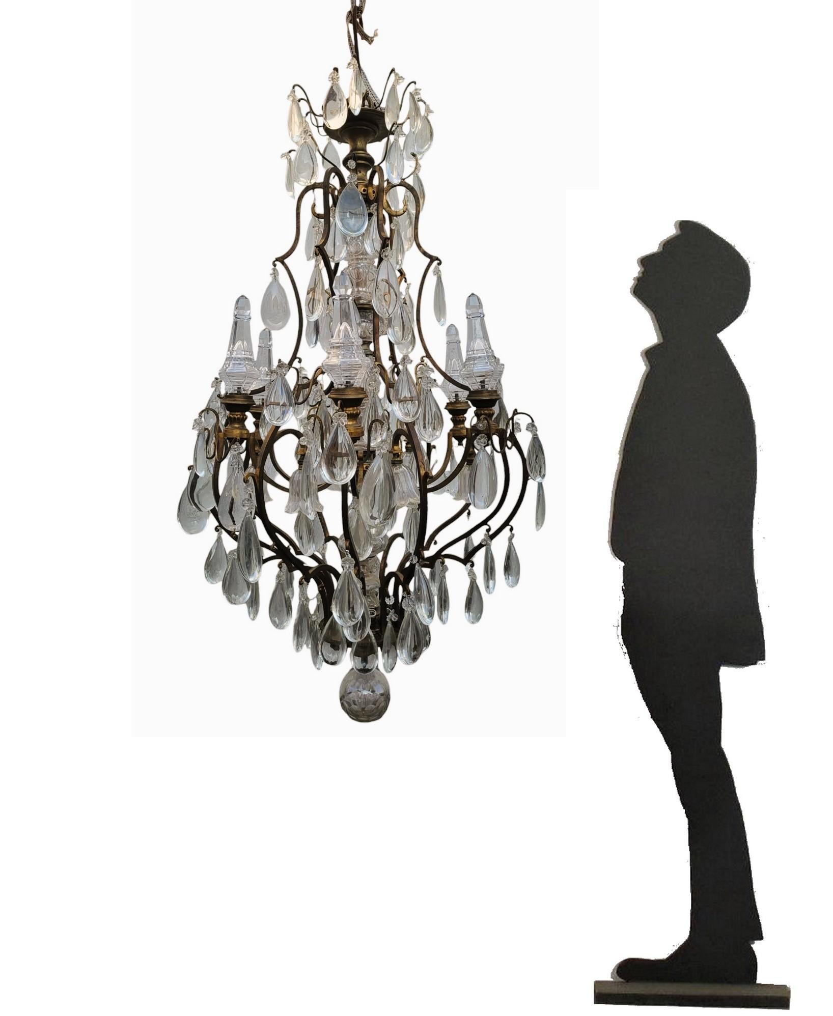 Grande lampadario a gabbia in bronzo e cristallo (h142cm), XX secolo in vendita 14
