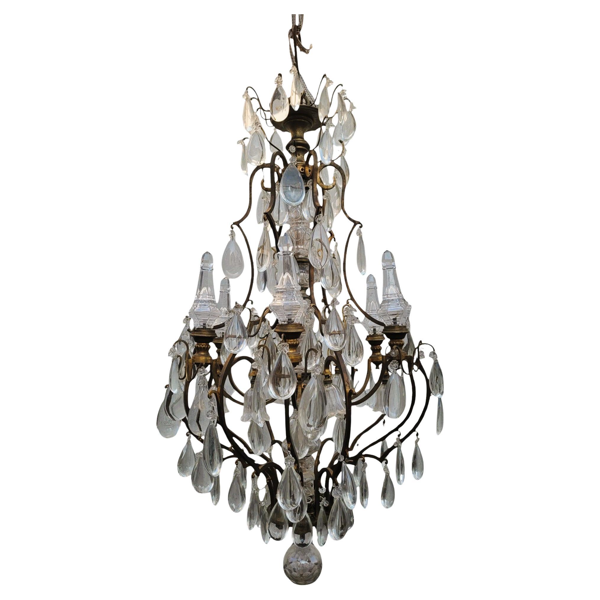 Grande lampadario a gabbia in bronzo e cristallo (h142cm), XX secolo