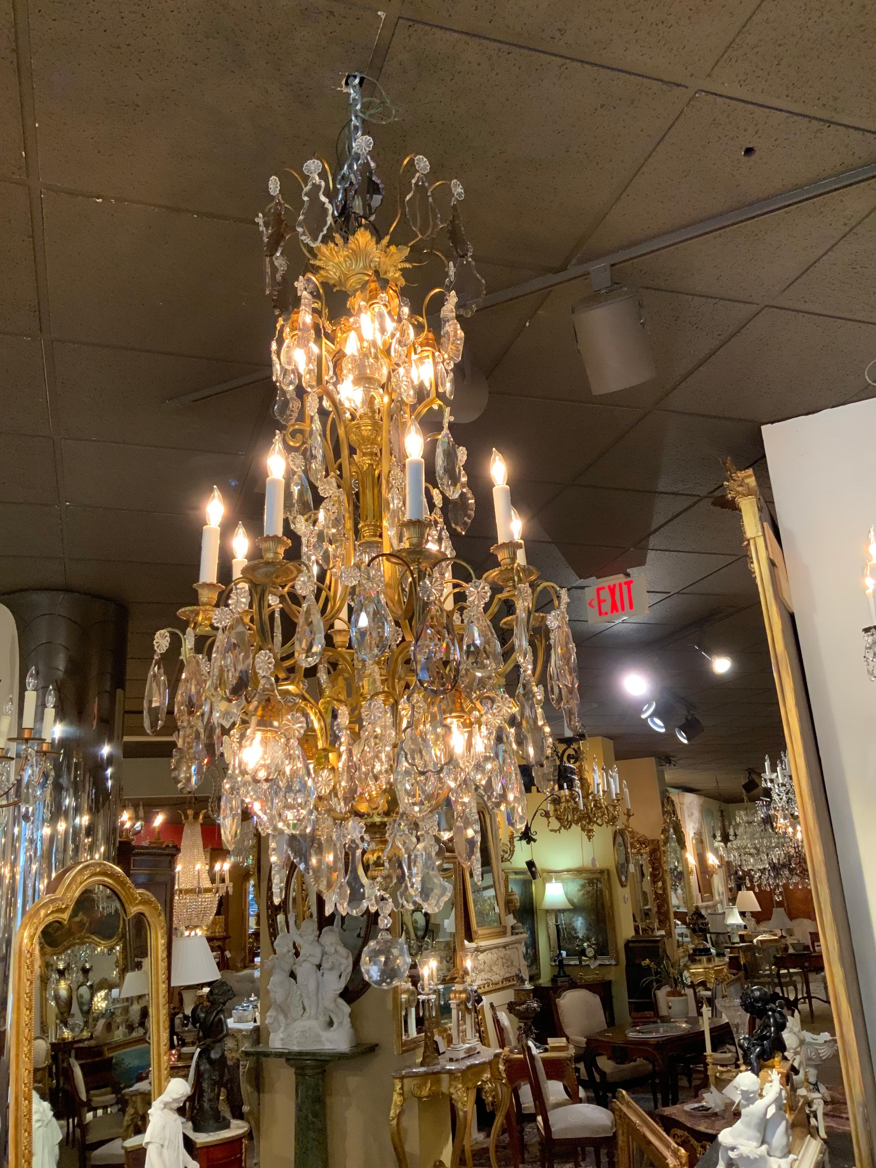 French Large bronze and crystal chandelier with sixteen lights For Sale