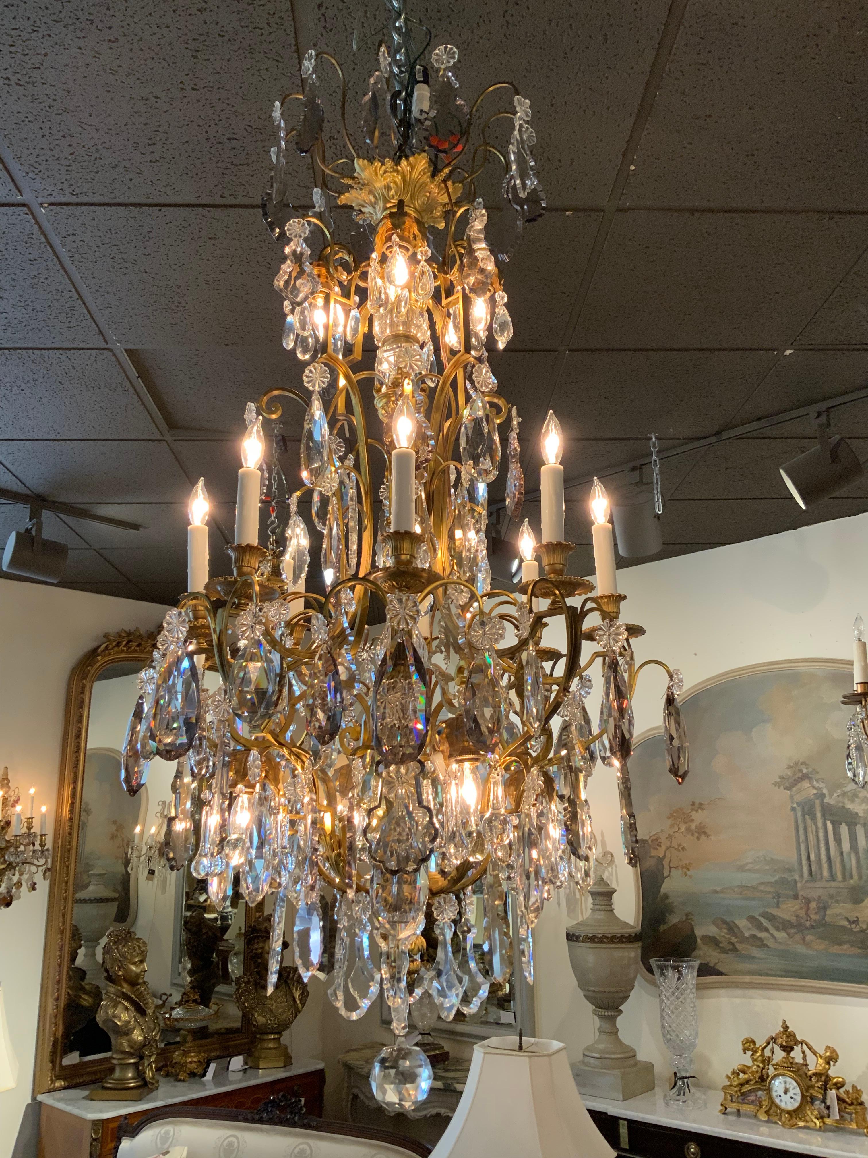 20th Century Large bronze and crystal chandelier with sixteen lights For Sale