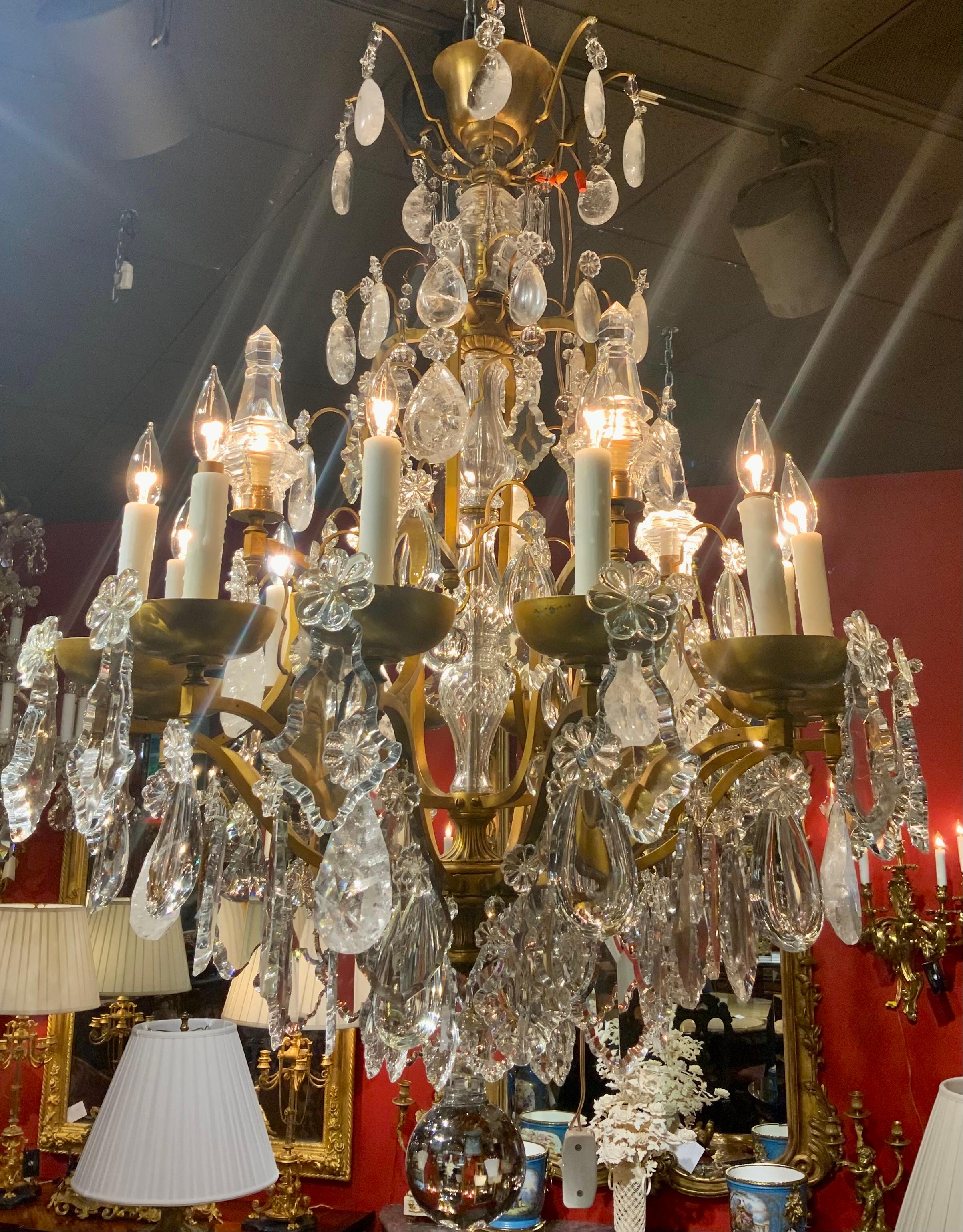 Large bronze and crystal with rock crystal chandelier 4