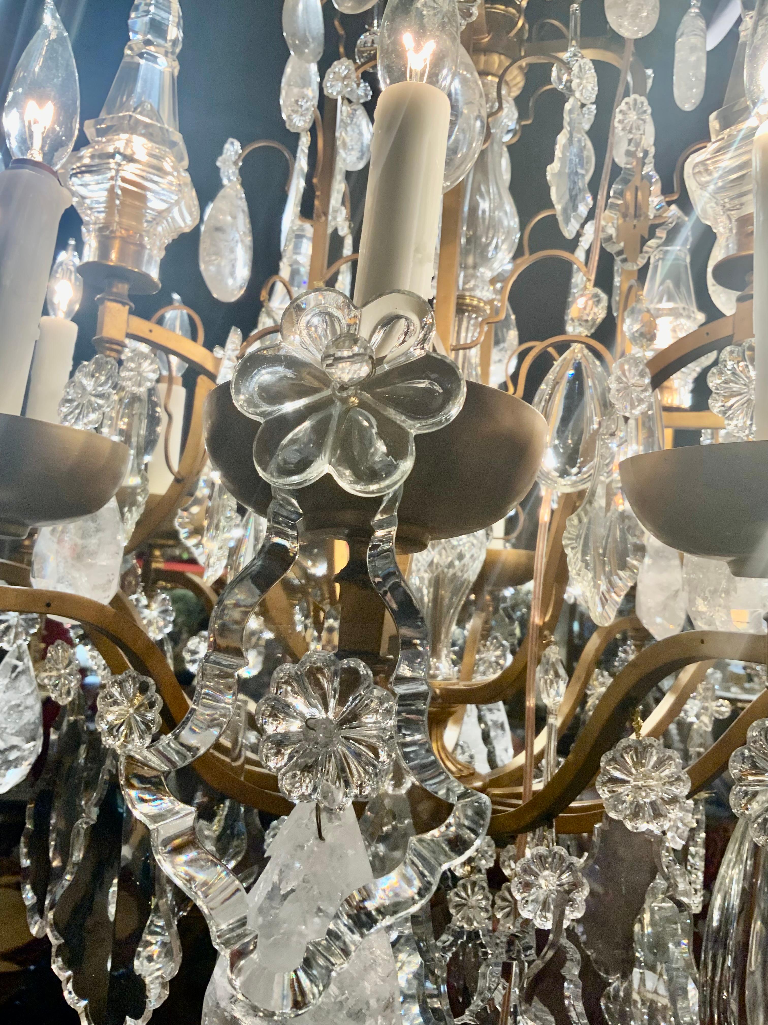 Large bronze and crystal with rock crystal chandelier In Excellent Condition In Houston, TX