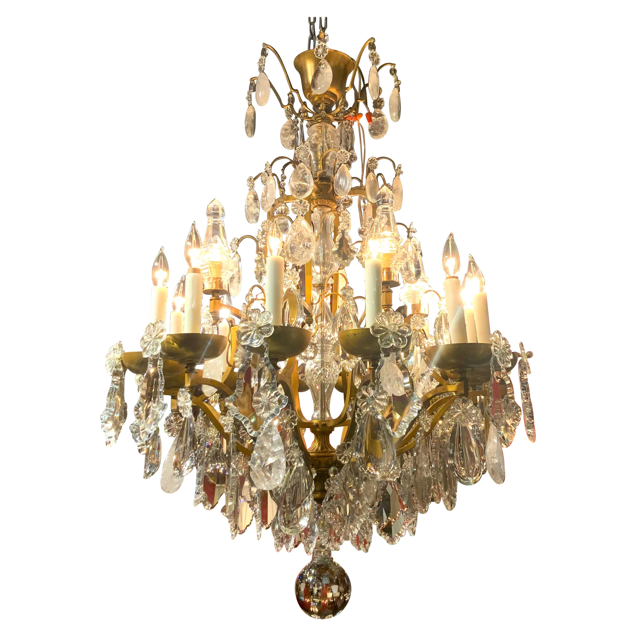 Large bronze and crystal with rock crystal chandelier