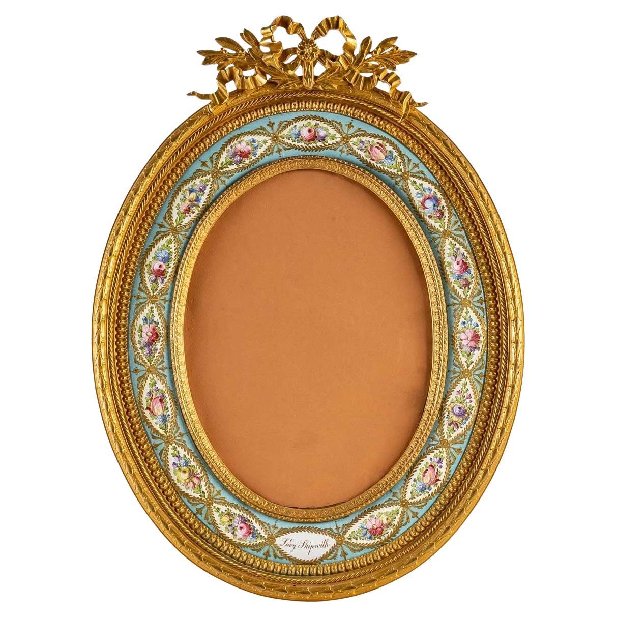 Large Bronze and Enamel Oval Photo Frame Late 19th Century