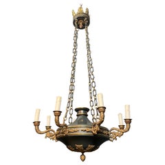 Grand lustre de style Empire en bronze et tôle verte