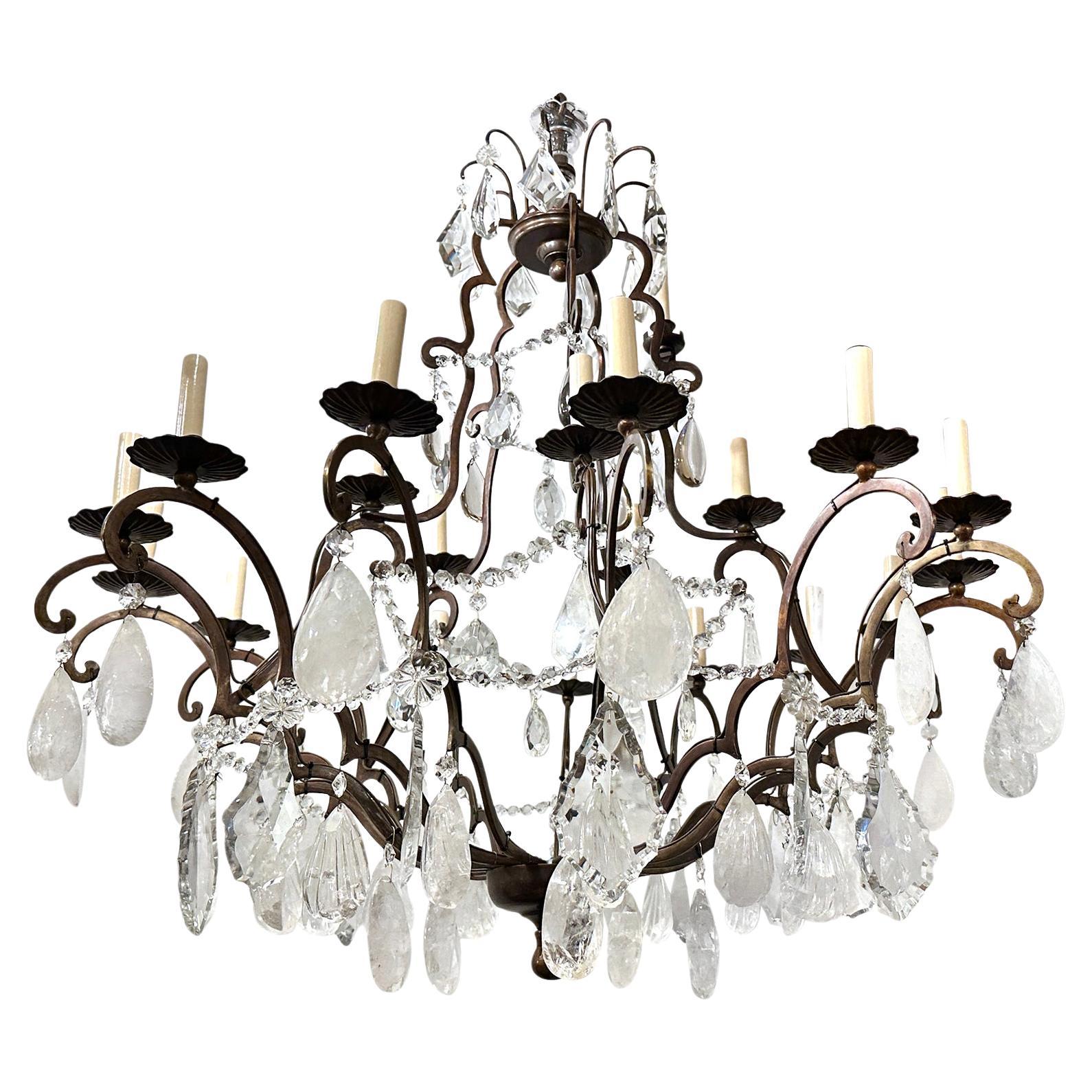 Large Bronze and Rock Crystal Chandelier For Sale