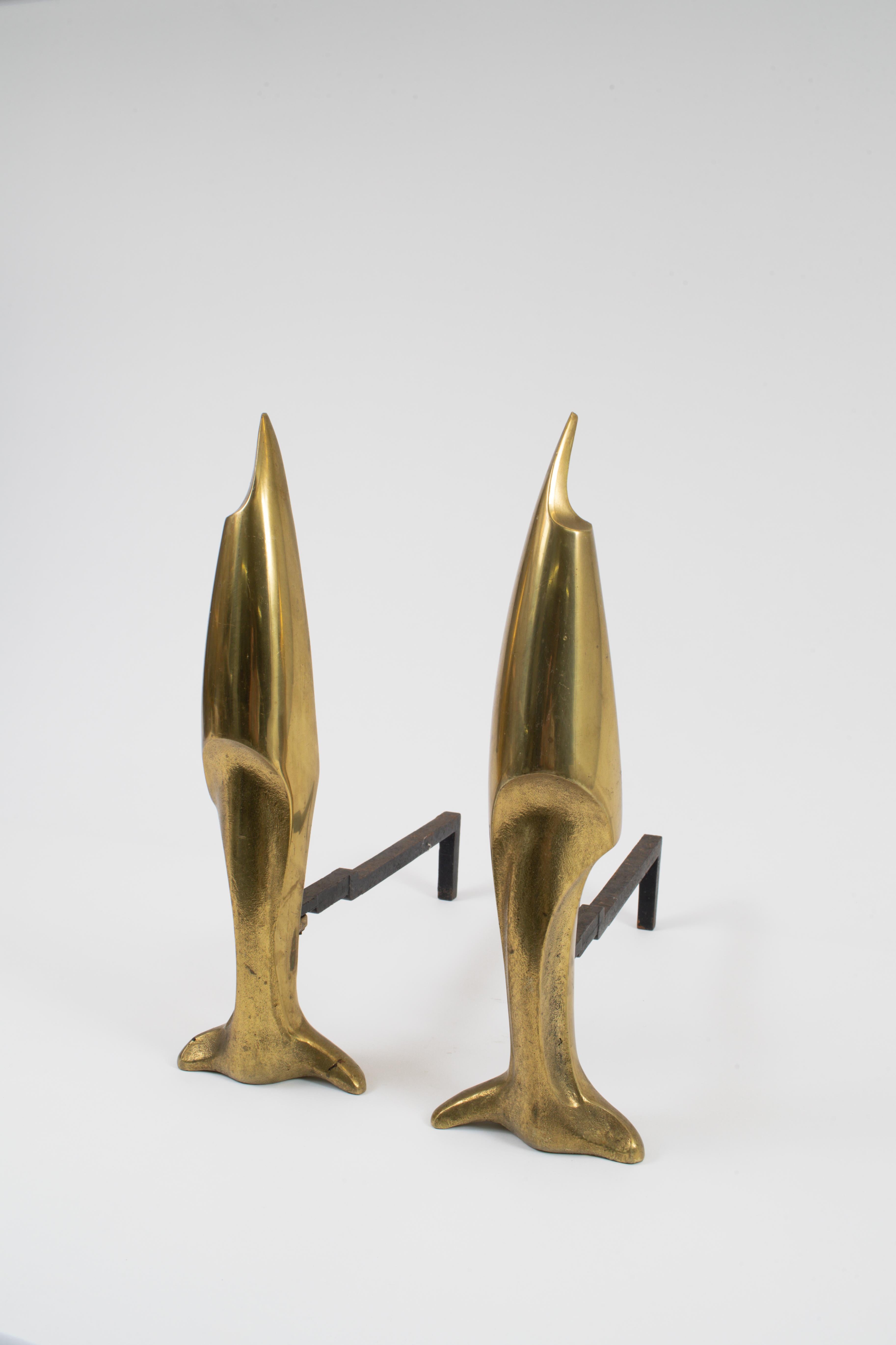 Mid-Century Modern Large Bronze Andirons in the Style of Pierre Legrain, France 1960's For Sale
