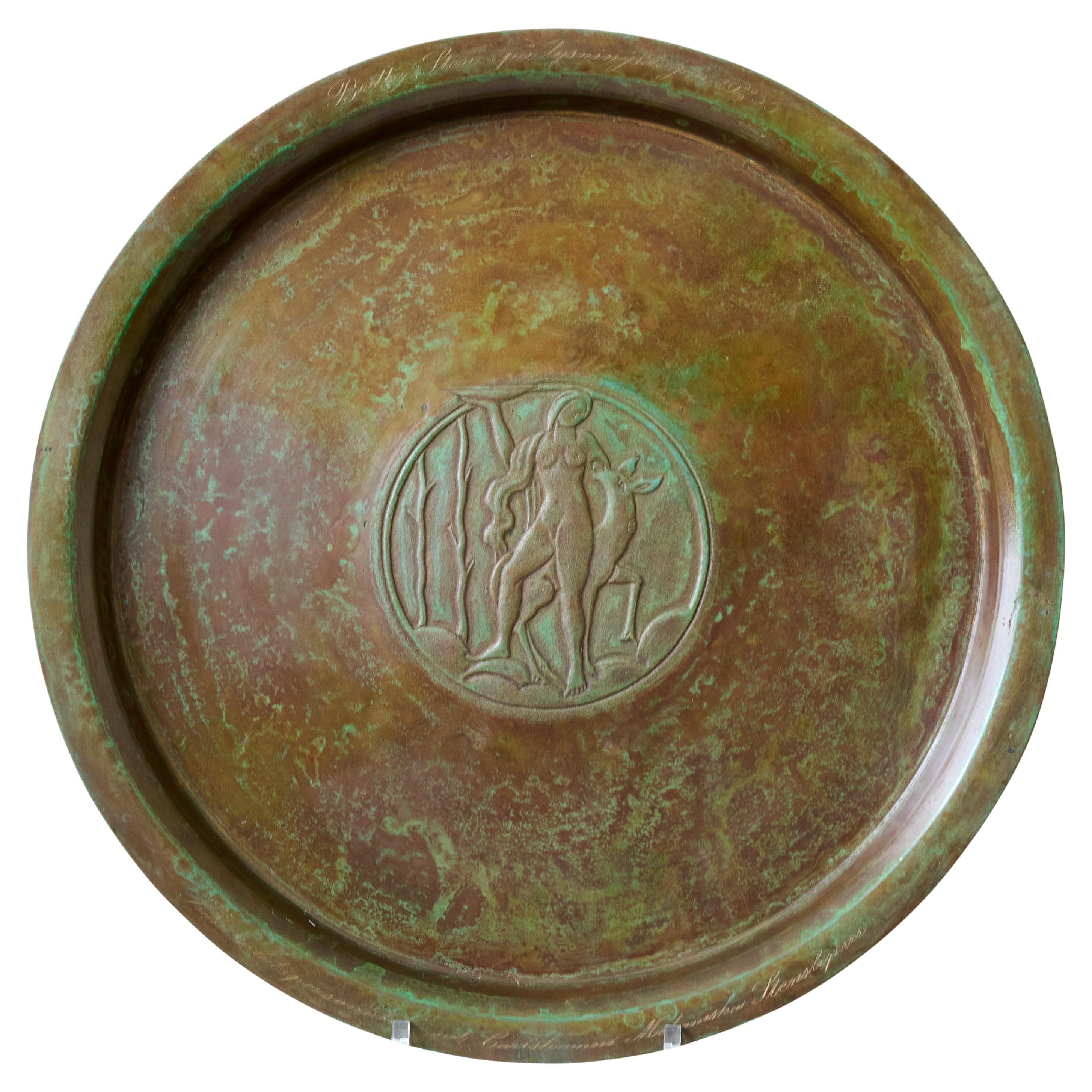 Grande piatto Art Deco in bronzo di Sune Backstrom, Svezia, anni Venti.