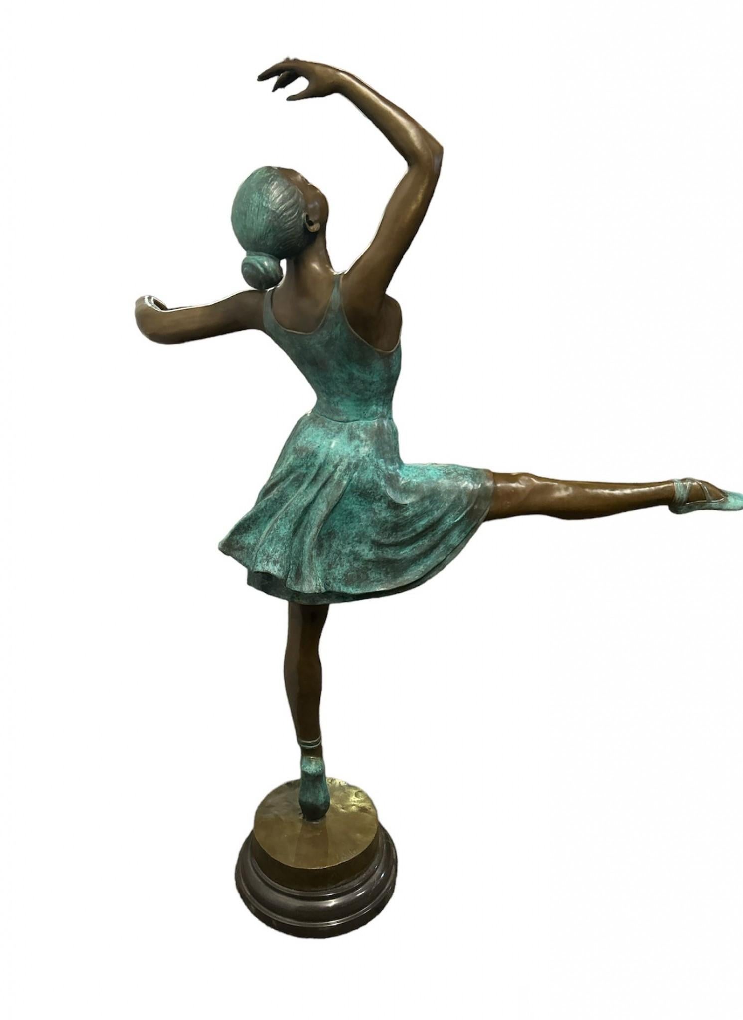 Gorgeous bronze casting of a large - almost lifesize - ballerina
Stands in at 5 feet tall - 151 CM 
Great piece for the garden, she can live outside with no fear of rusting
Such an exuberant piece, delightful poise and elegance to the statue
Classic