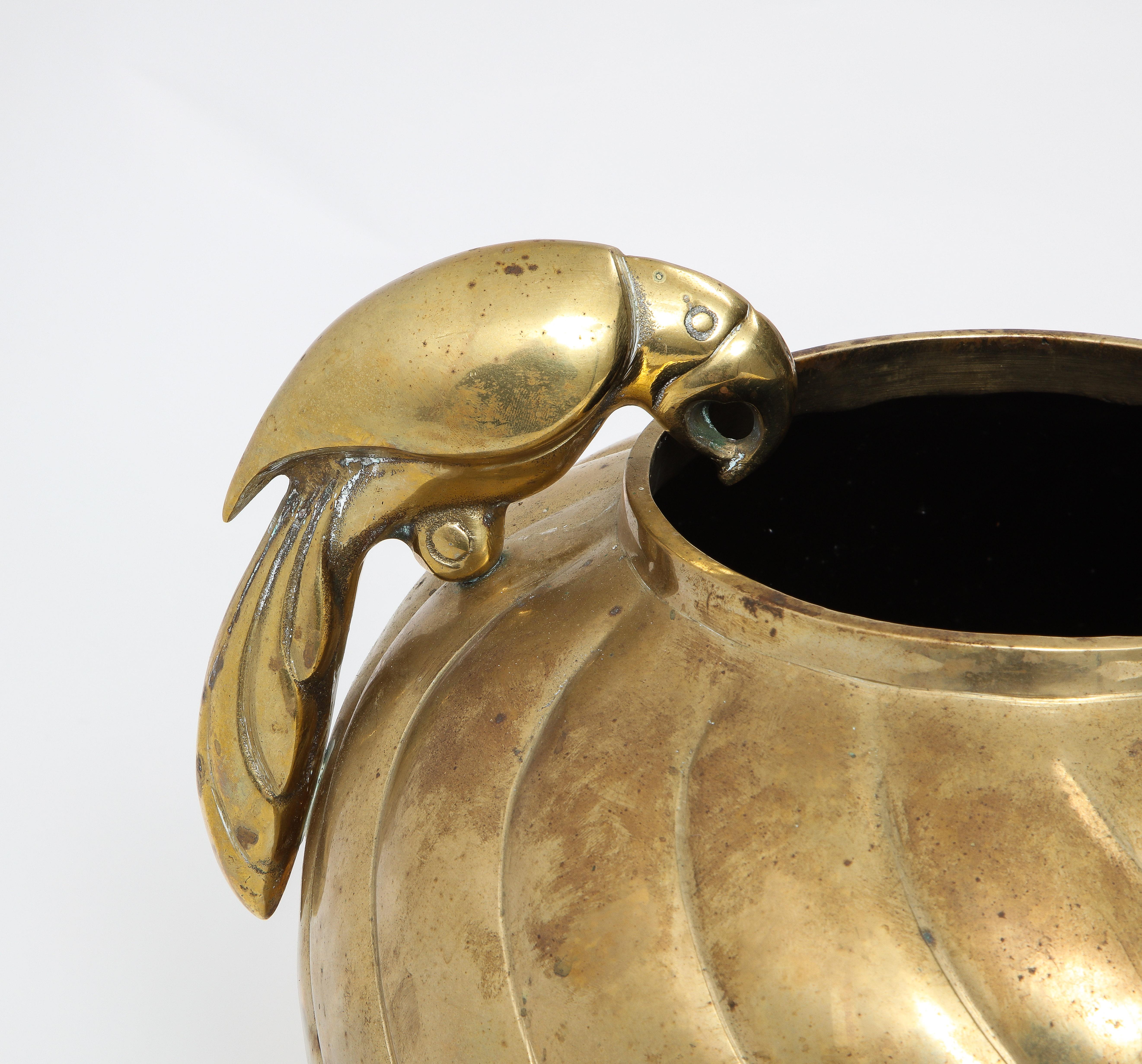 Mid-Century Modern Large Bronze Centerpiece Vessel with Carved Bird Handles, USA 1960's For Sale
