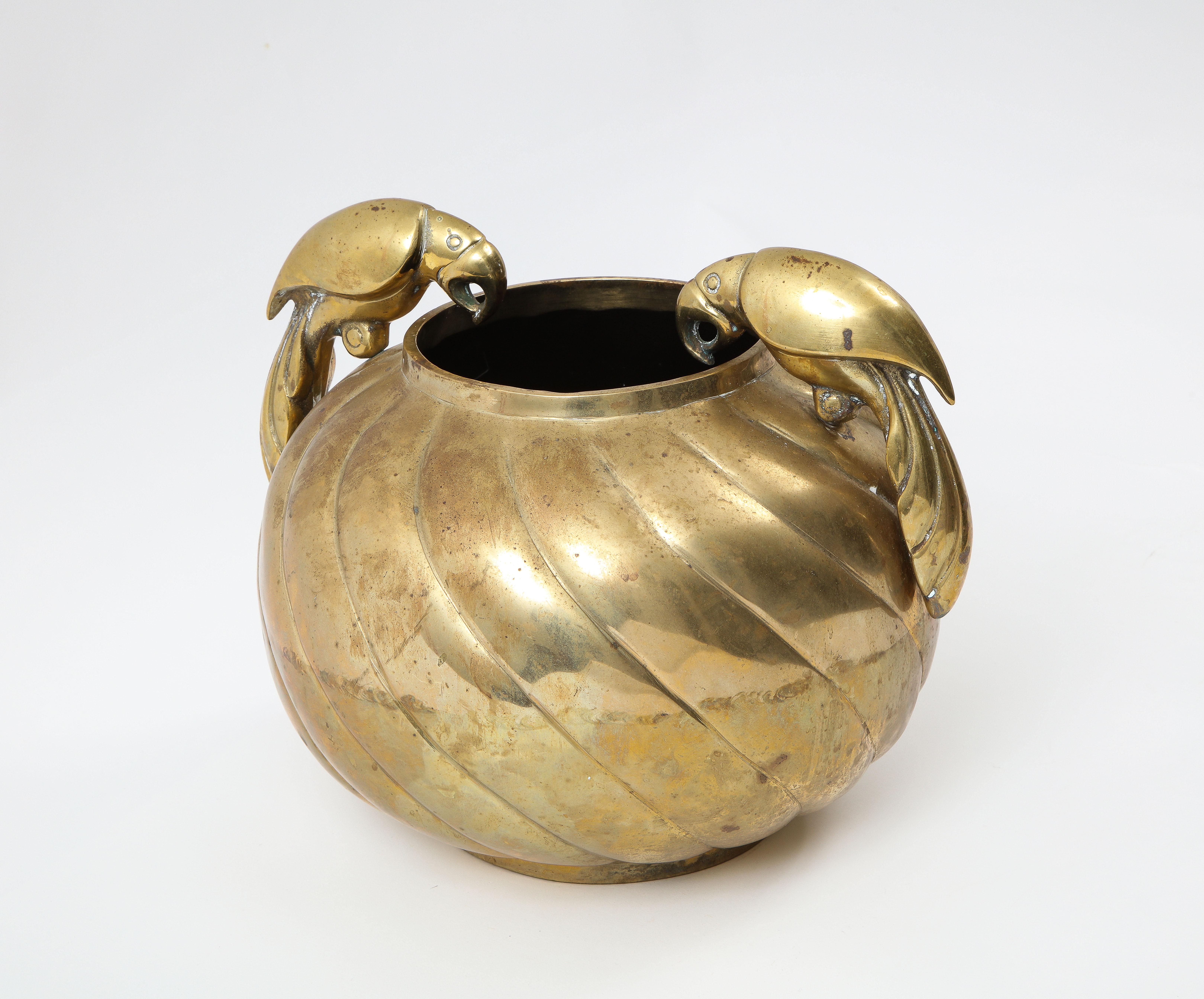 North American Large Bronze Centerpiece Vessel with Carved Bird Handles, USA 1960's For Sale