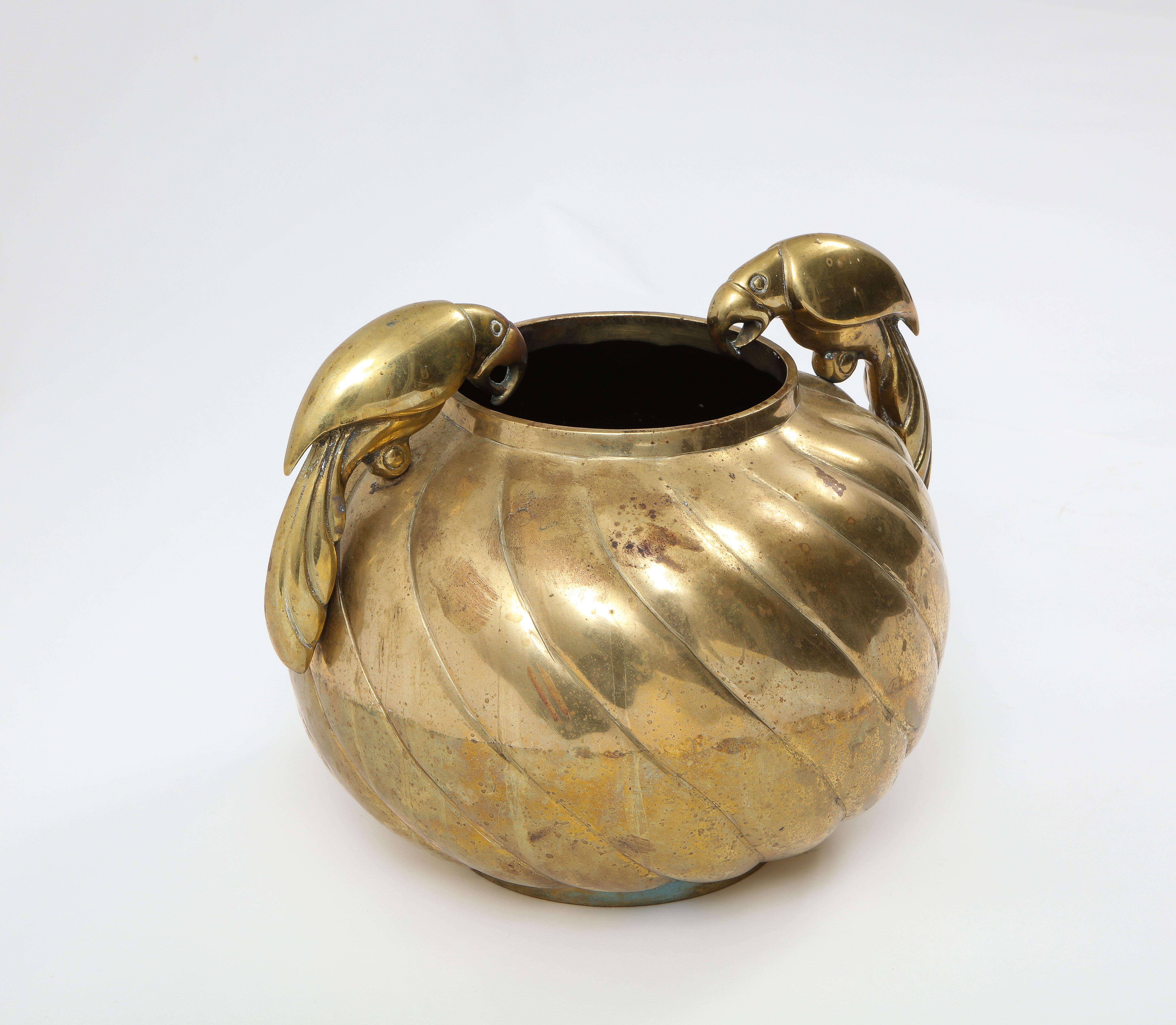 20th Century Large Bronze Centerpiece Vessel with Carved Bird Handles, USA 1960's For Sale
