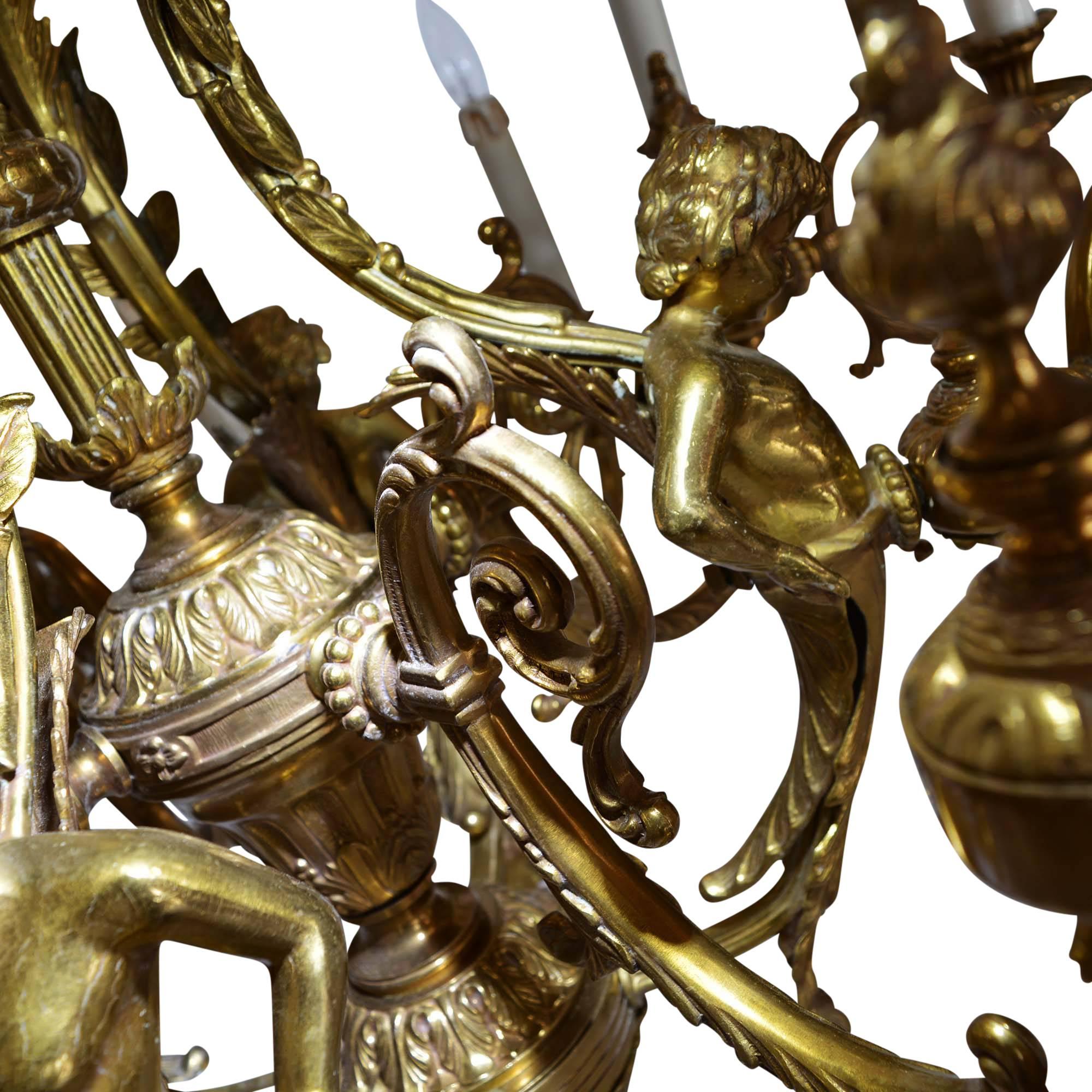 Large Bronze Chandelier Adorned with Cherubs In Good Condition For Sale In Pataskala, OH