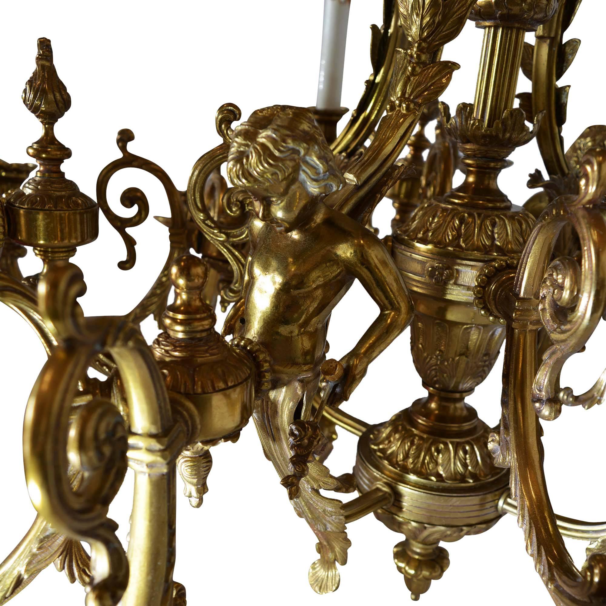 20th Century Large Bronze Chandelier Adorned with Cherubs For Sale