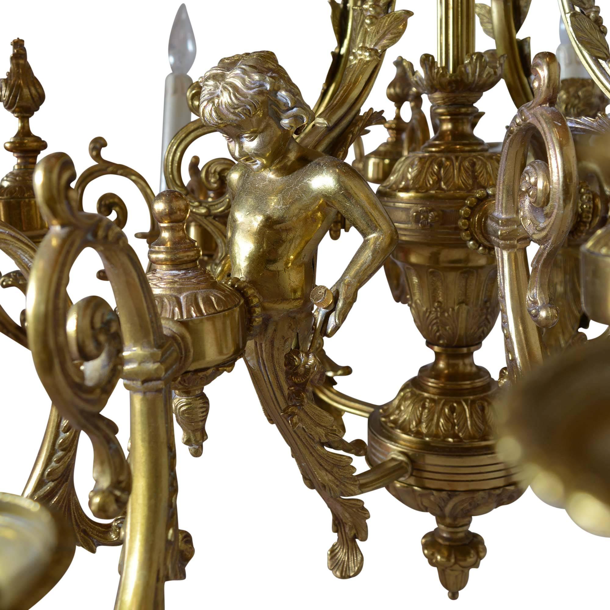 Large Bronze Chandelier Adorned with Cherubs For Sale 1