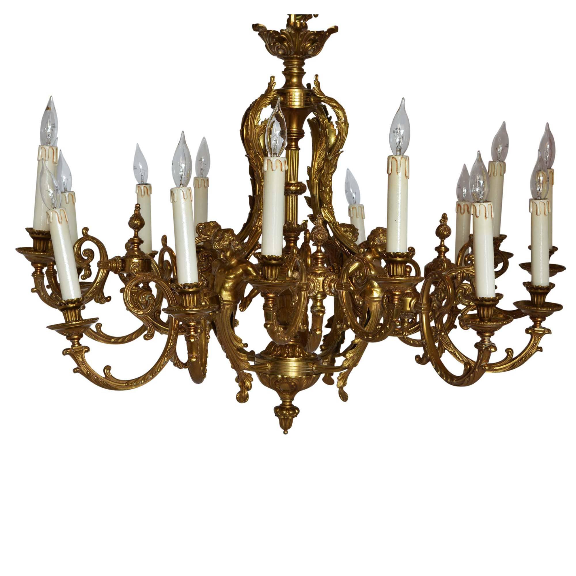 Large Bronze Chandelier Adorned with Cherubs For Sale