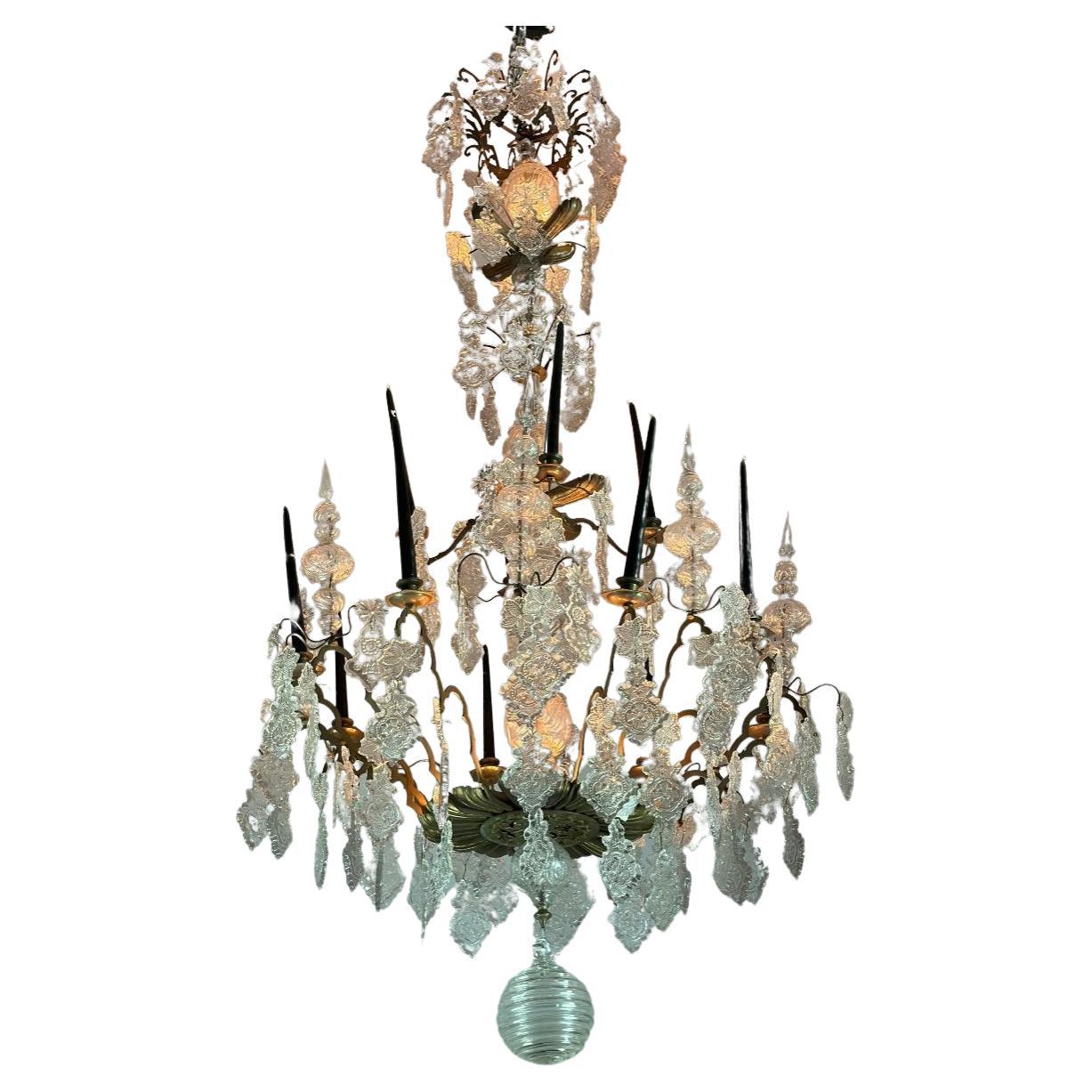 Large Bronze Chandelier Trimmed With Molded Glass Tassels Circa 1800