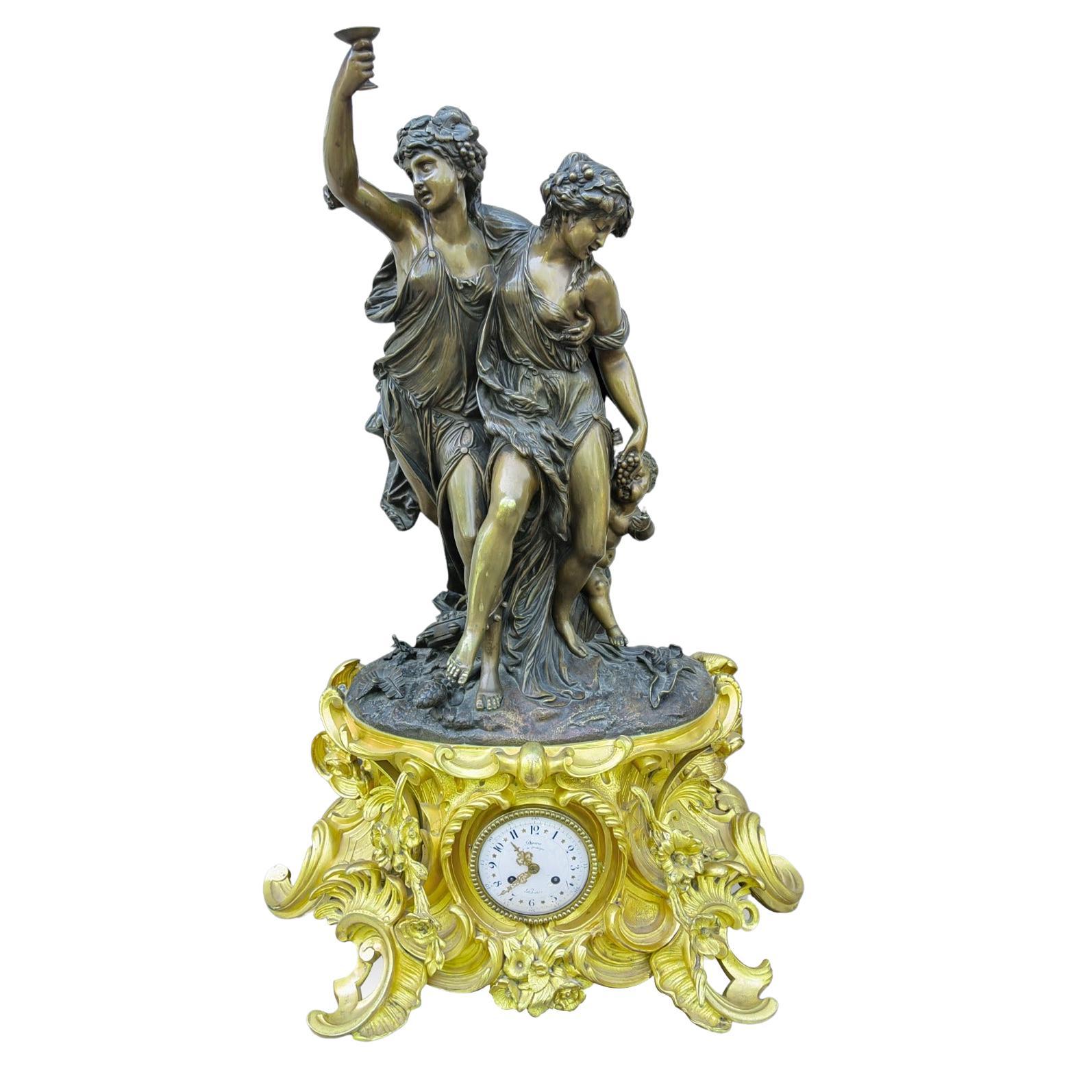 Large Bronze Clock Signed Clodion 19th Century For Sale