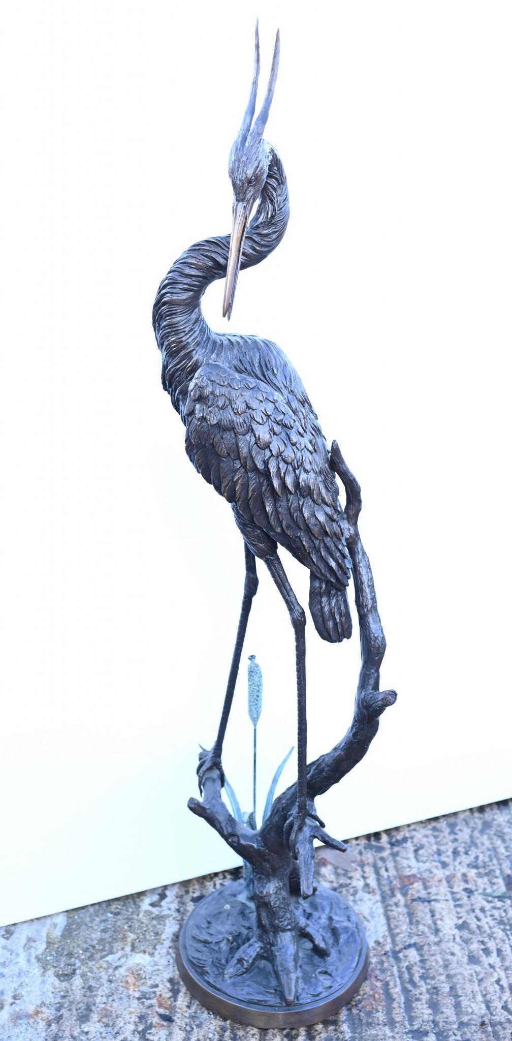 Late 20th Century Large Bronze Crane Fountain Garden Bird Sculpture For Sale