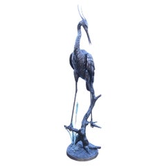 Used Large Bronze Crane Fountain Garden Bird Sculpture