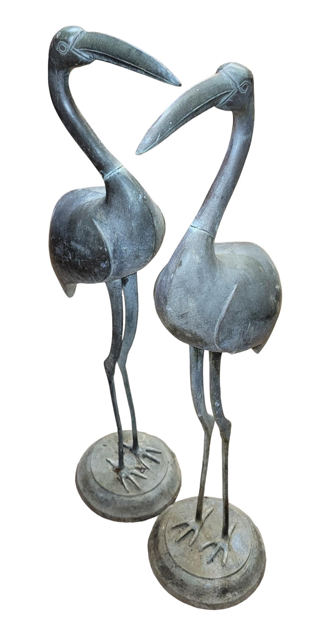 Other Large Bronze Crane Piped Garden Statues Pair For Sale