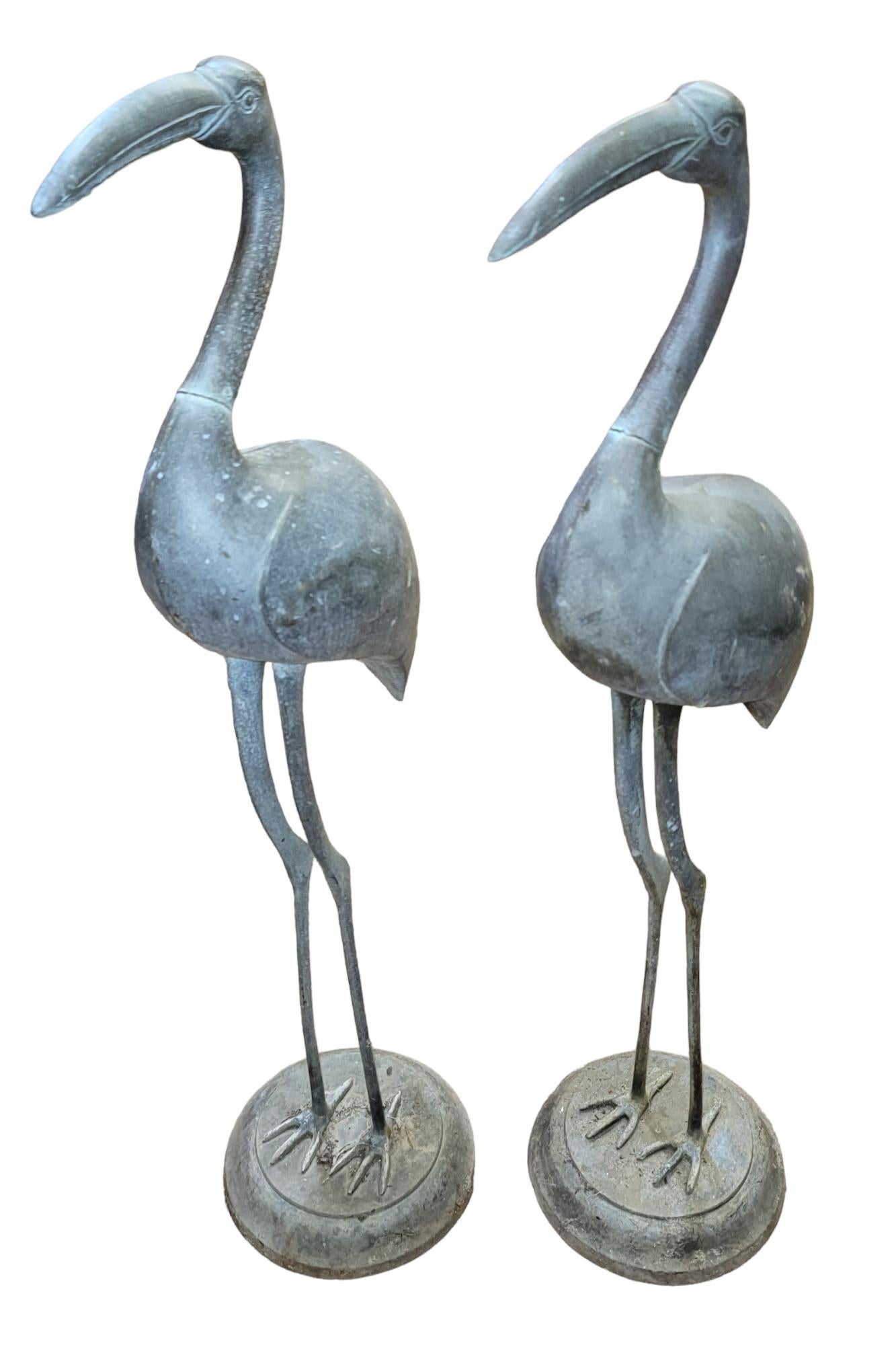 American Large Bronze Crane Piped Garden Statues Pair For Sale