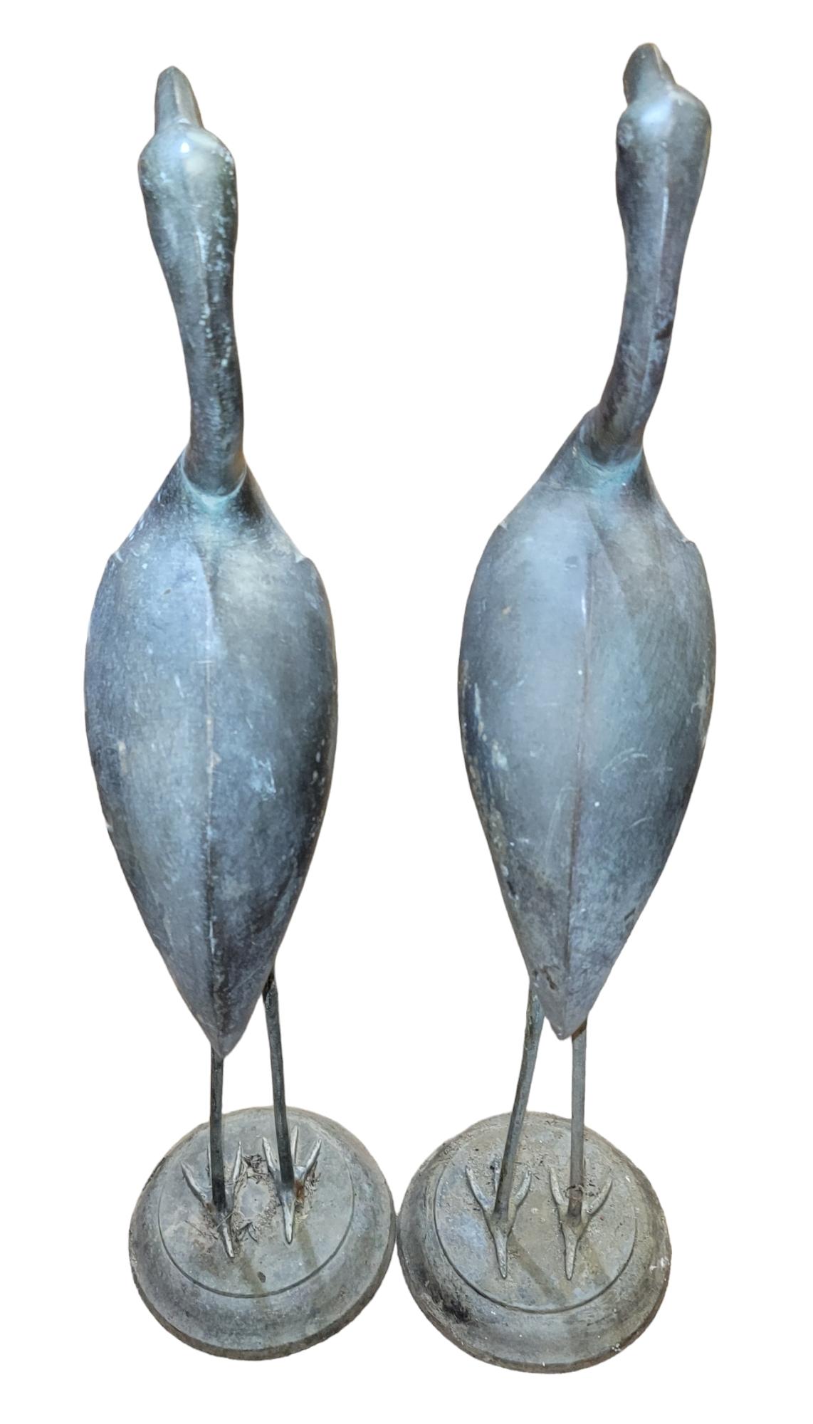 Large Bronze Crane Piped Garden Statues Pair In Good Condition For Sale In Pasadena, CA