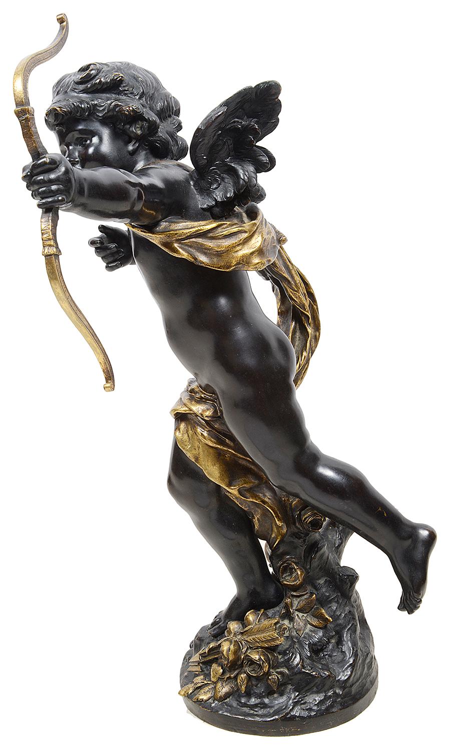 A very good quality 19th century bronze study of a cupid with gilded highlights, signed Aug. Moreau.

Auguste Louis Marthurin Moreau was born in Dijon in 1834 and died in Malesherbes in 1917 being the youngest son of sculptor and painter